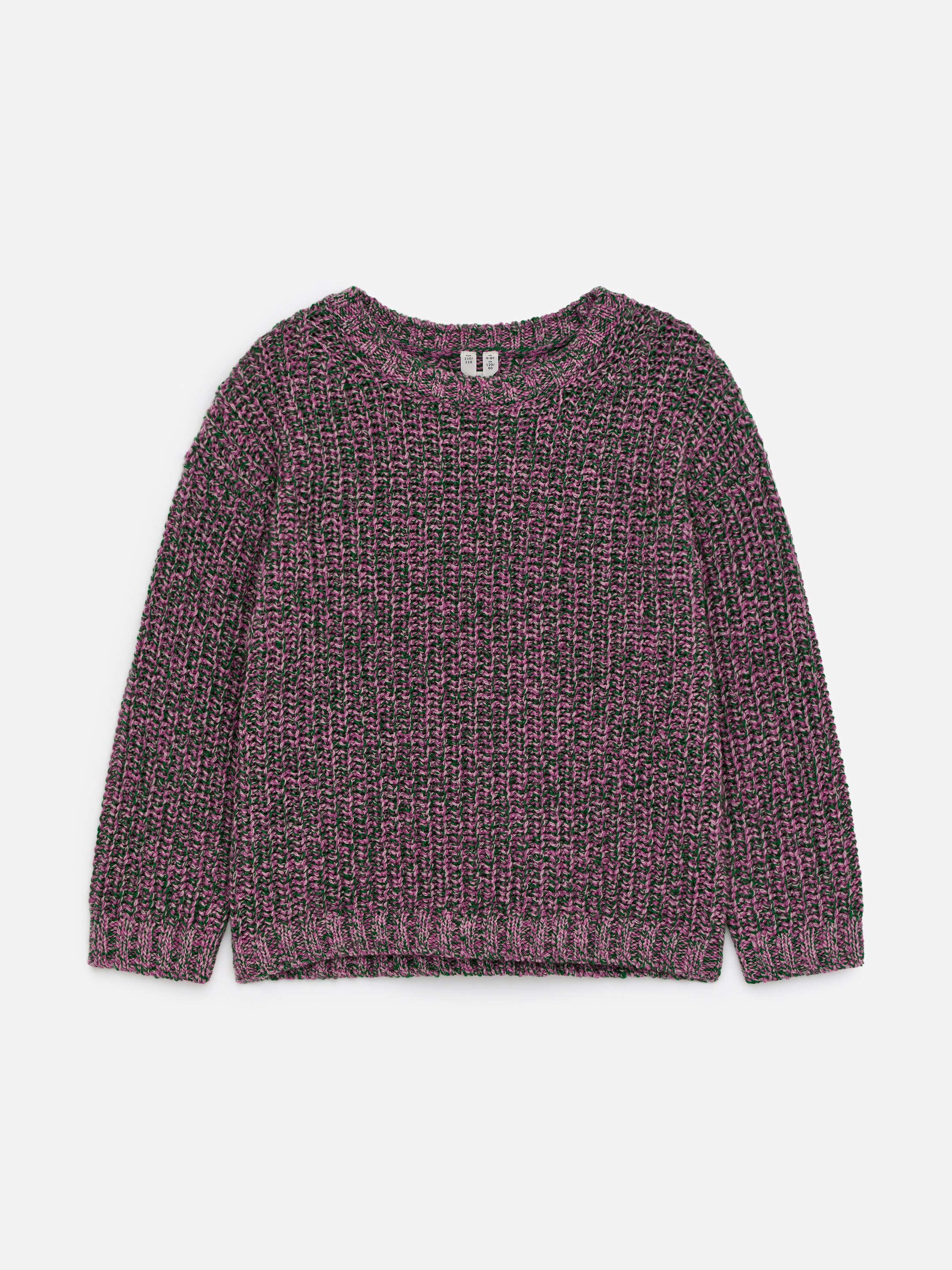 Größeres Bild anzeigen: Ein Pullover präsentiert FRONT und bietet eine grobe Strickstruktur mit einem melierten Mix aus rosa und dunkelgrünen Fäden. Er verfügt über einen Rundhalsausschnitt, lange Ärmel sowie gerippte Bündchen und einen gerippten Saum.