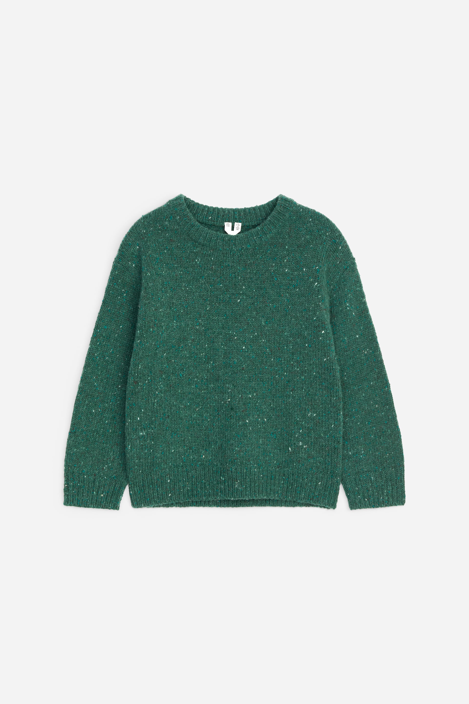 Agrandir l'image: Un pull col rond effet tweed vert est présenté de face. Il est doté de manches longues avec des poignets côtelés et un ourlet côtelé.