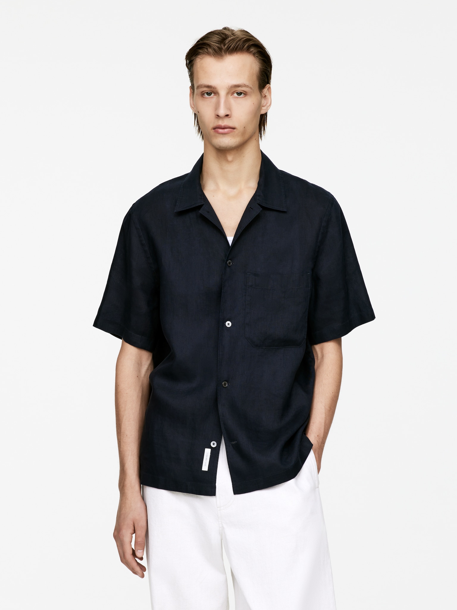 Chemise en lin à manches courtes - Bleu foncé/Vert/Noir/Beige