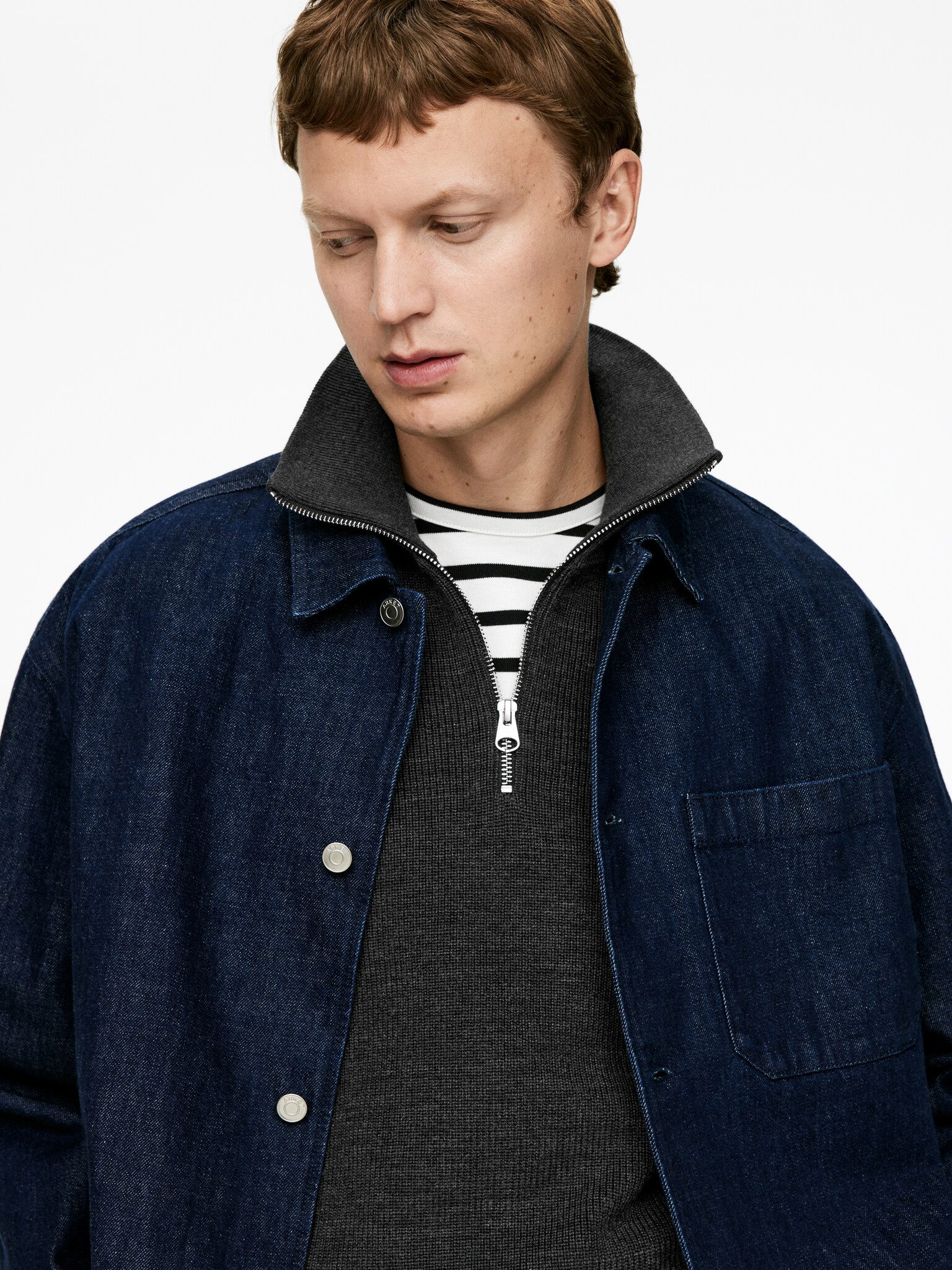 Pull demi-zip en laine et coton - Gris foncé/Bleu foncé - 4