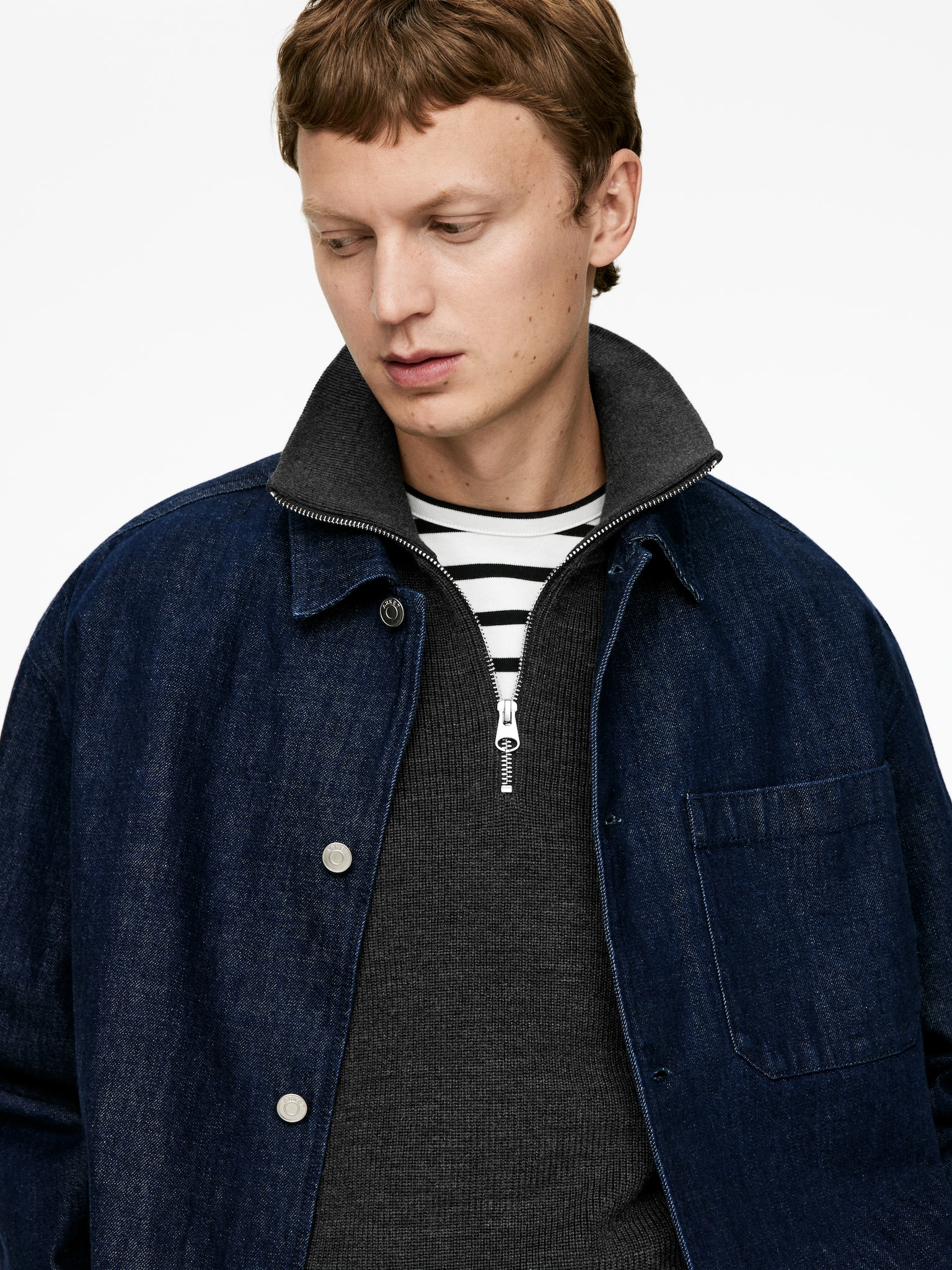 Pull demi-zip en laine et coton - Gris foncé/Bleu foncé - 5