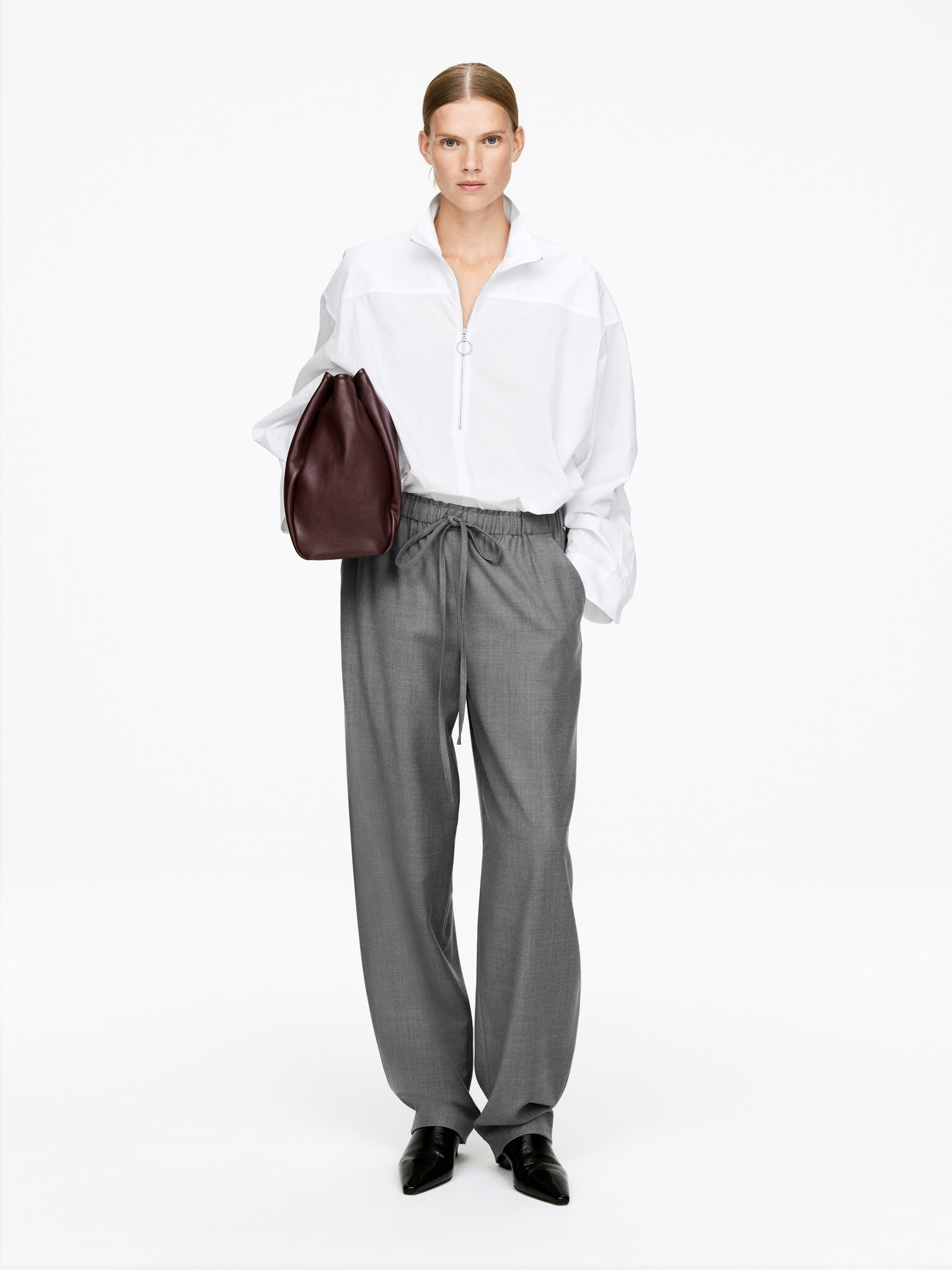 Drawstring Flannel Trousers - Dark Grey