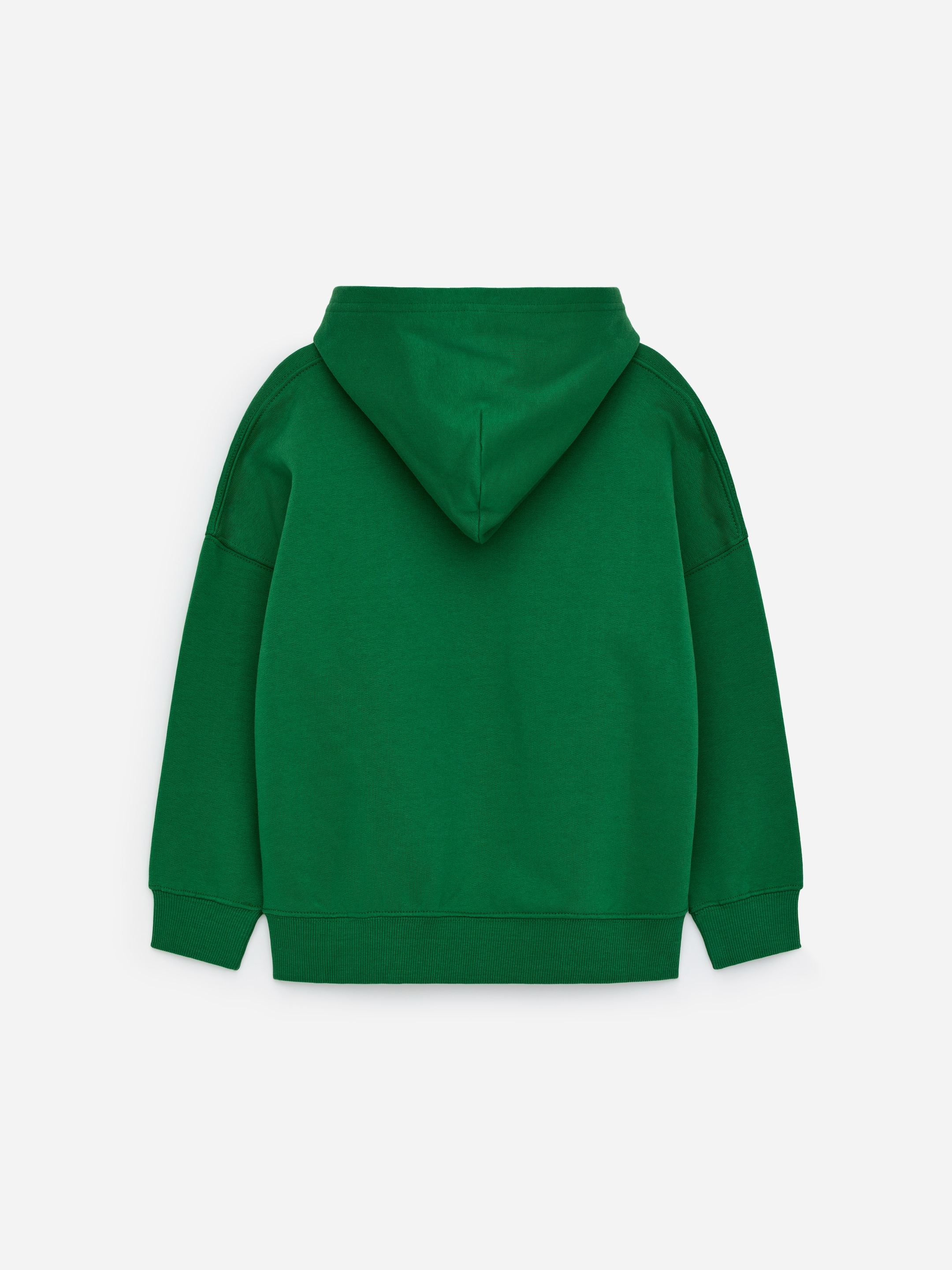 Agrandir l'image: Un sweat à capuche vert est affiché de dos, avec une capuche, des épaules tombantes, des poignets côtelés et un ourlet côtelé.