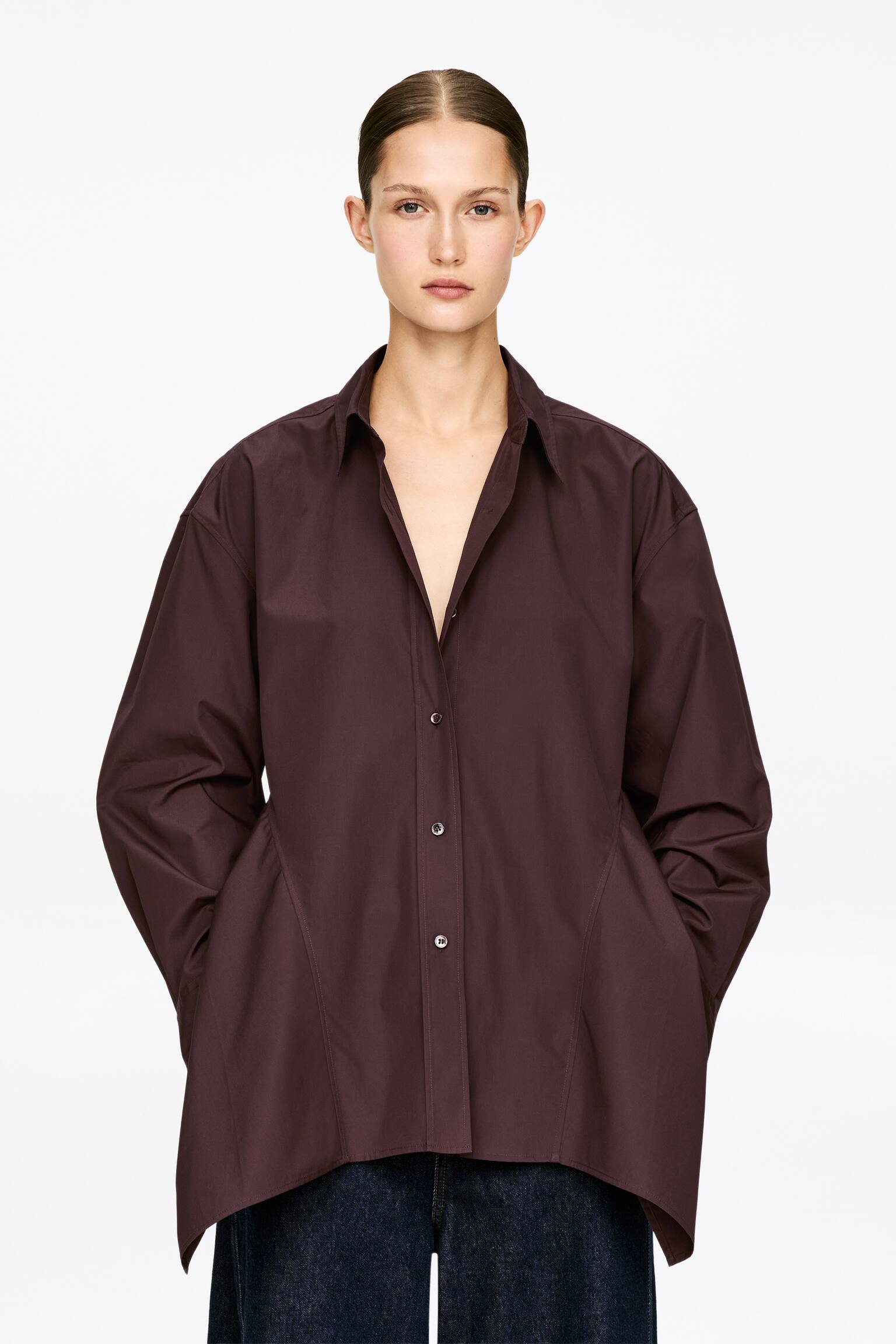 Cămașă din bumbac cu volane - Maro închis - 1