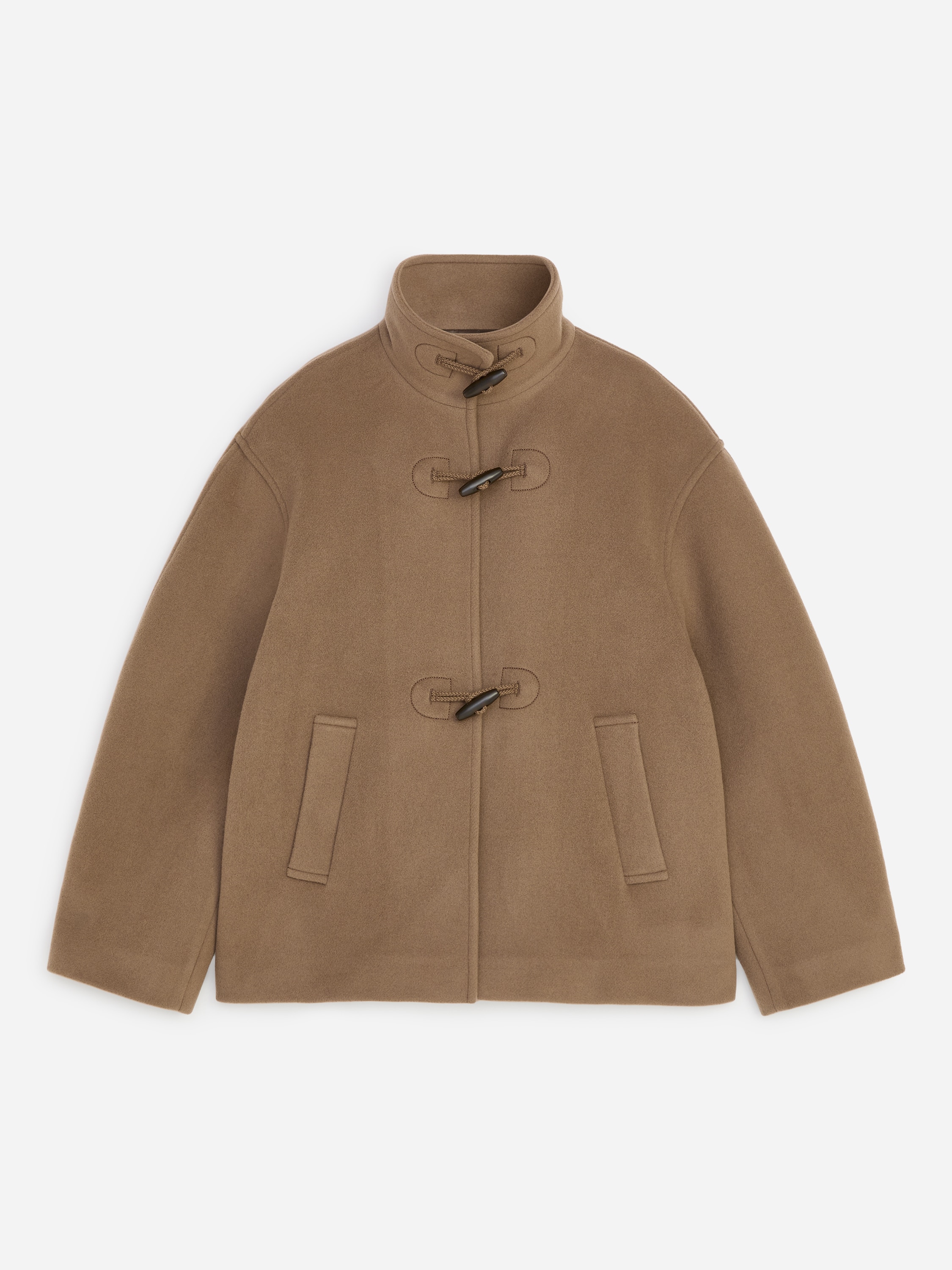 Kort duffelcoat i uldblend - Mørk gråbrun/Sort