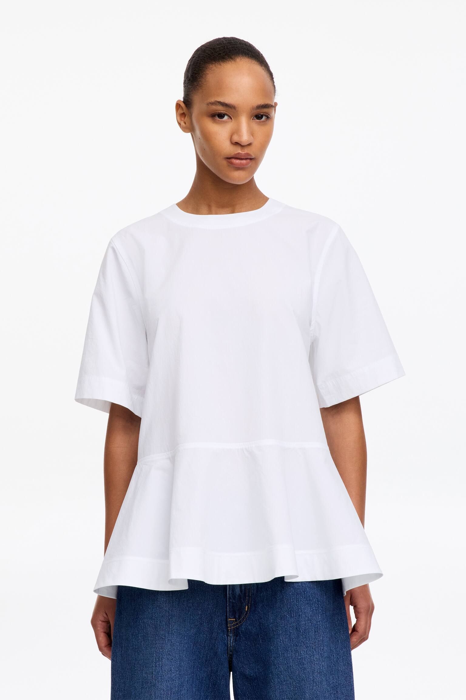 T-shirt peplum de algodão Pima - Branco/Bege - 1