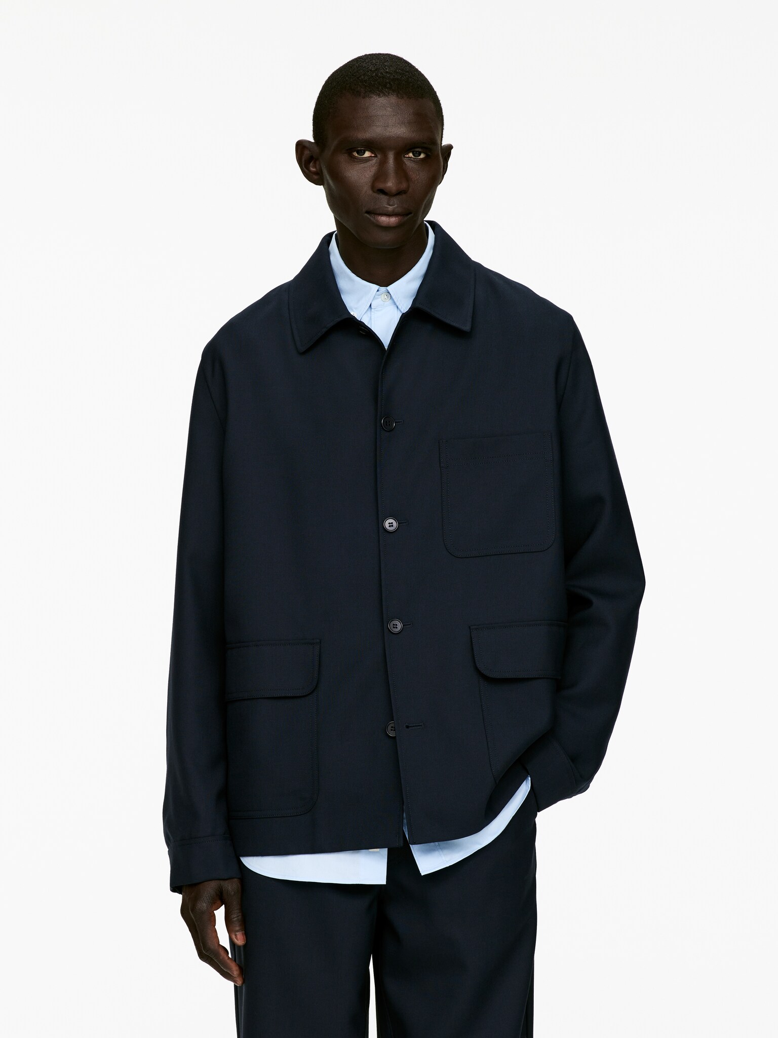 Veste en tissu natté en laine mélangée - Bleu foncé - 4
