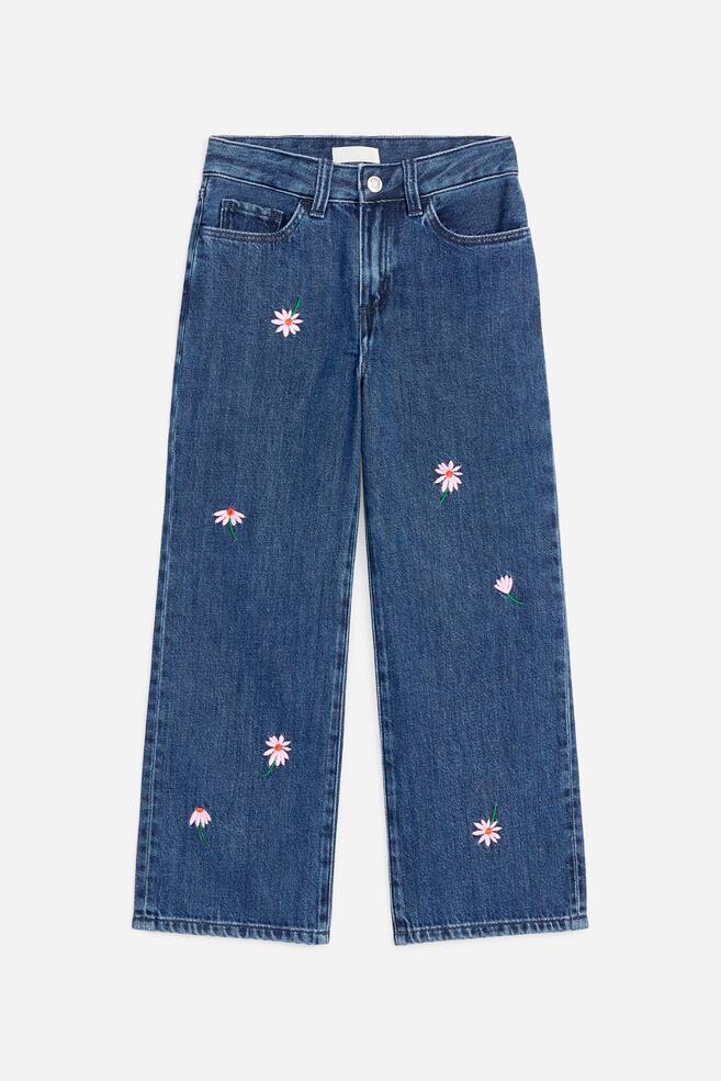 Embroidered Wide Leg Jeans - Dark Blue - 1
