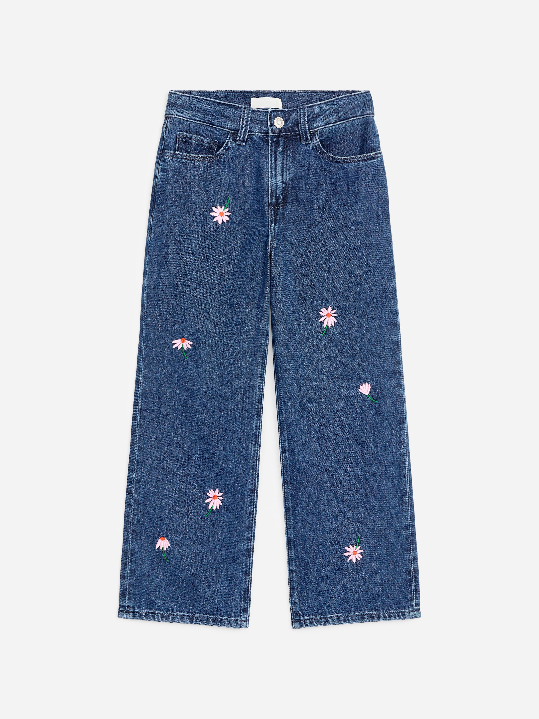Embroidered Wide Leg Jeans-Blue-19649