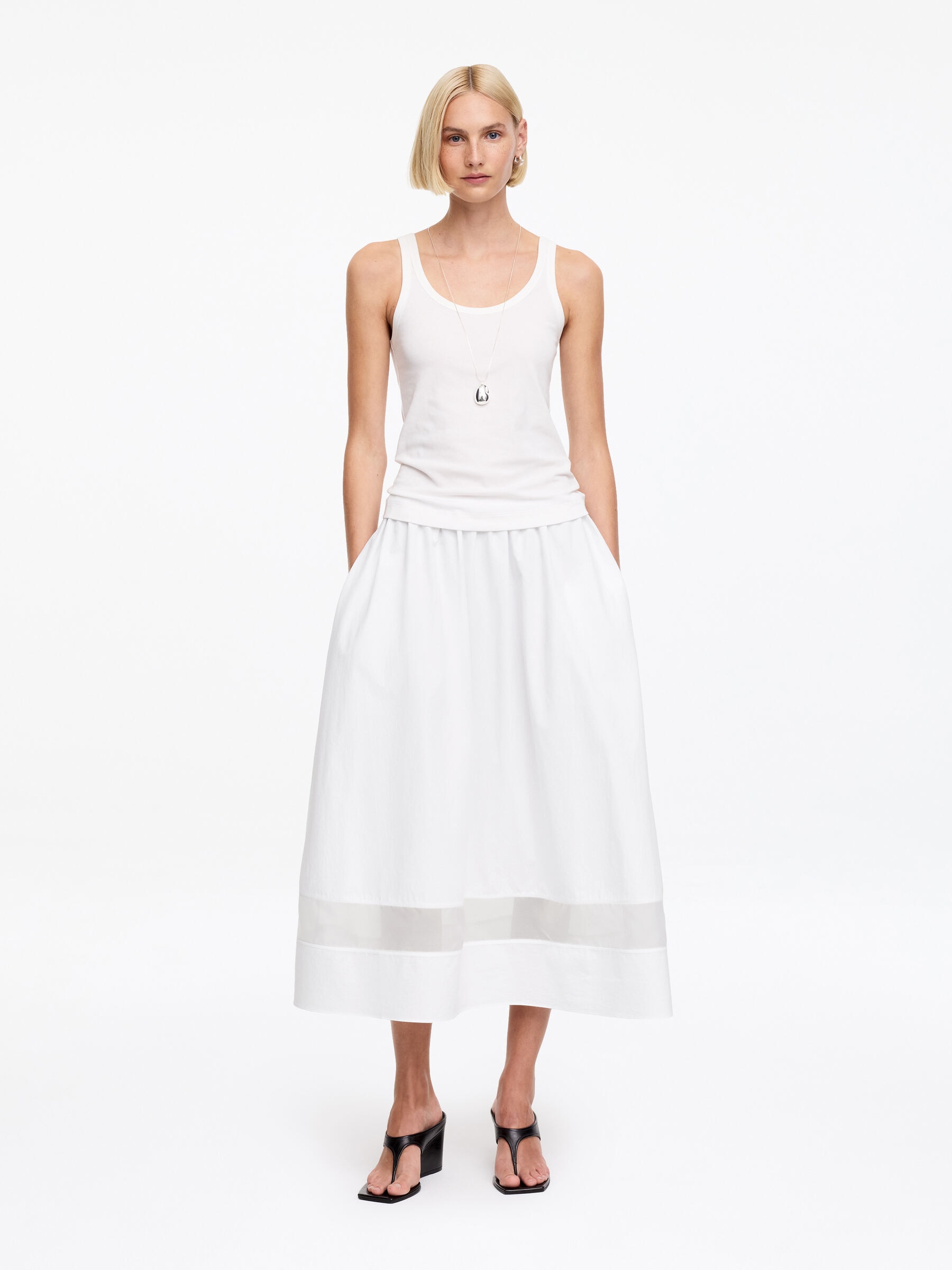 Organza Panel Midi Skirt-#FFFFFF-19006