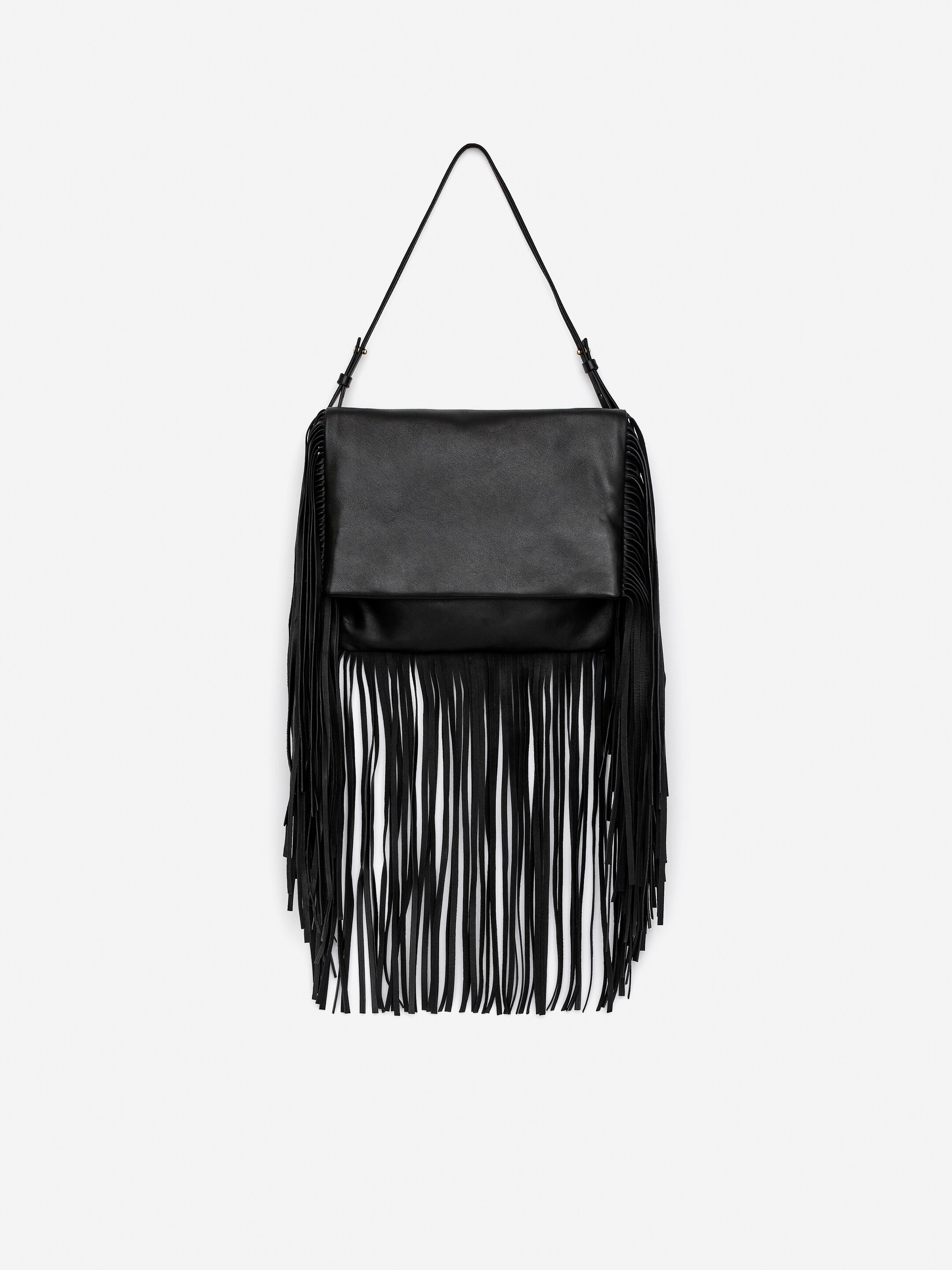 View larger image: A black leather shoulder bag is hanging, facing FRONT, featuring a smooth top flap and a thin, adjustable strap. Long leather fringes are cascading down from the front of the bag.