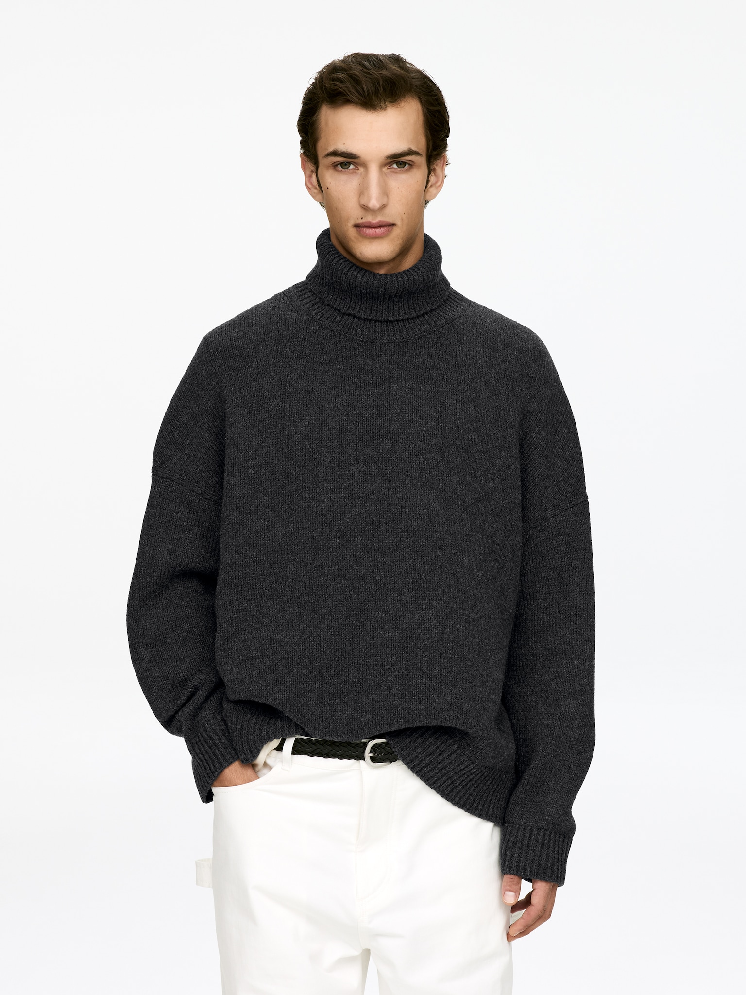 Pull col roulé en laine - gris/Beige - 1