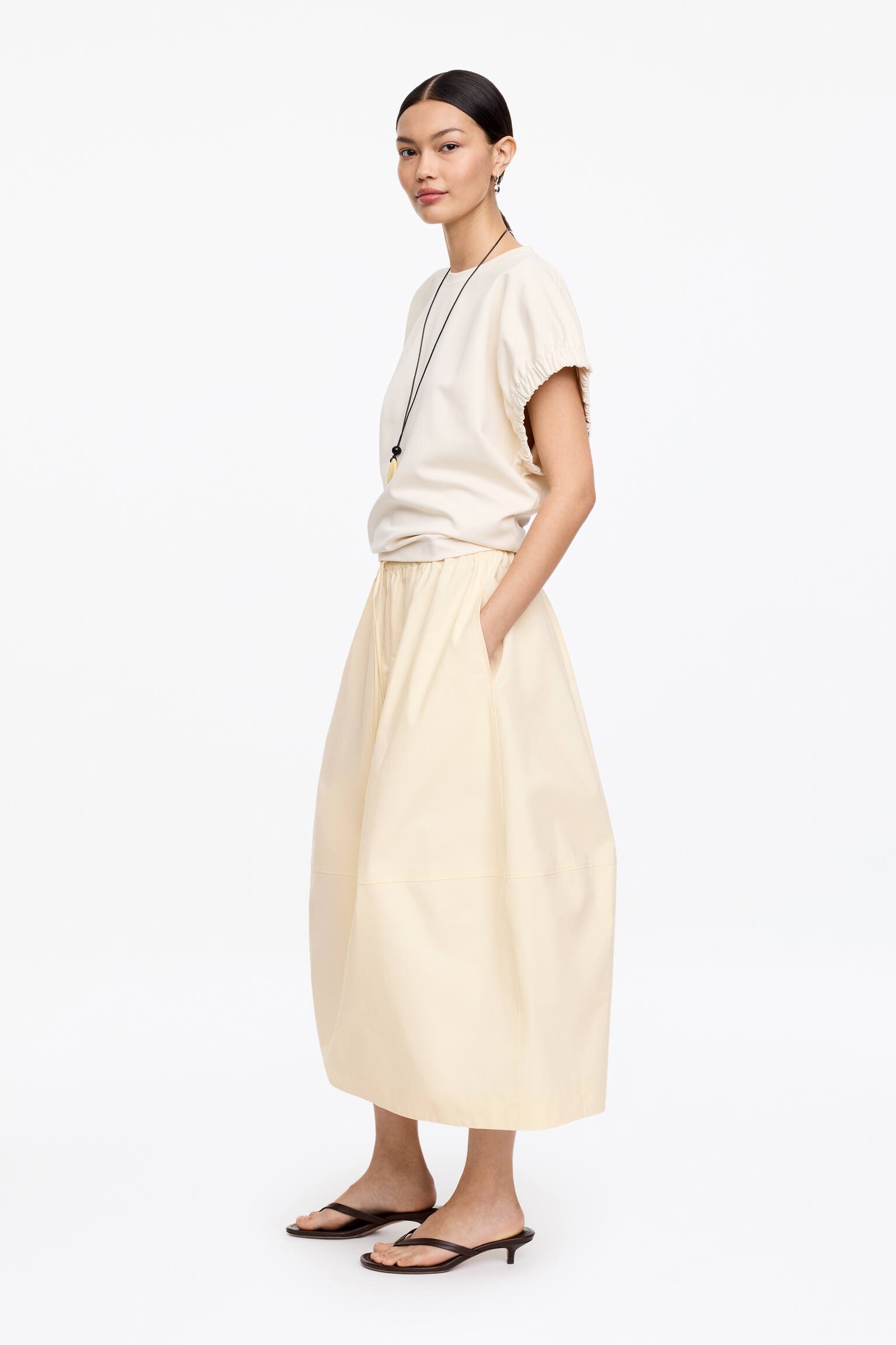 Midi-nederdel i bomuld - Lys beige/Mørkebrun - 4