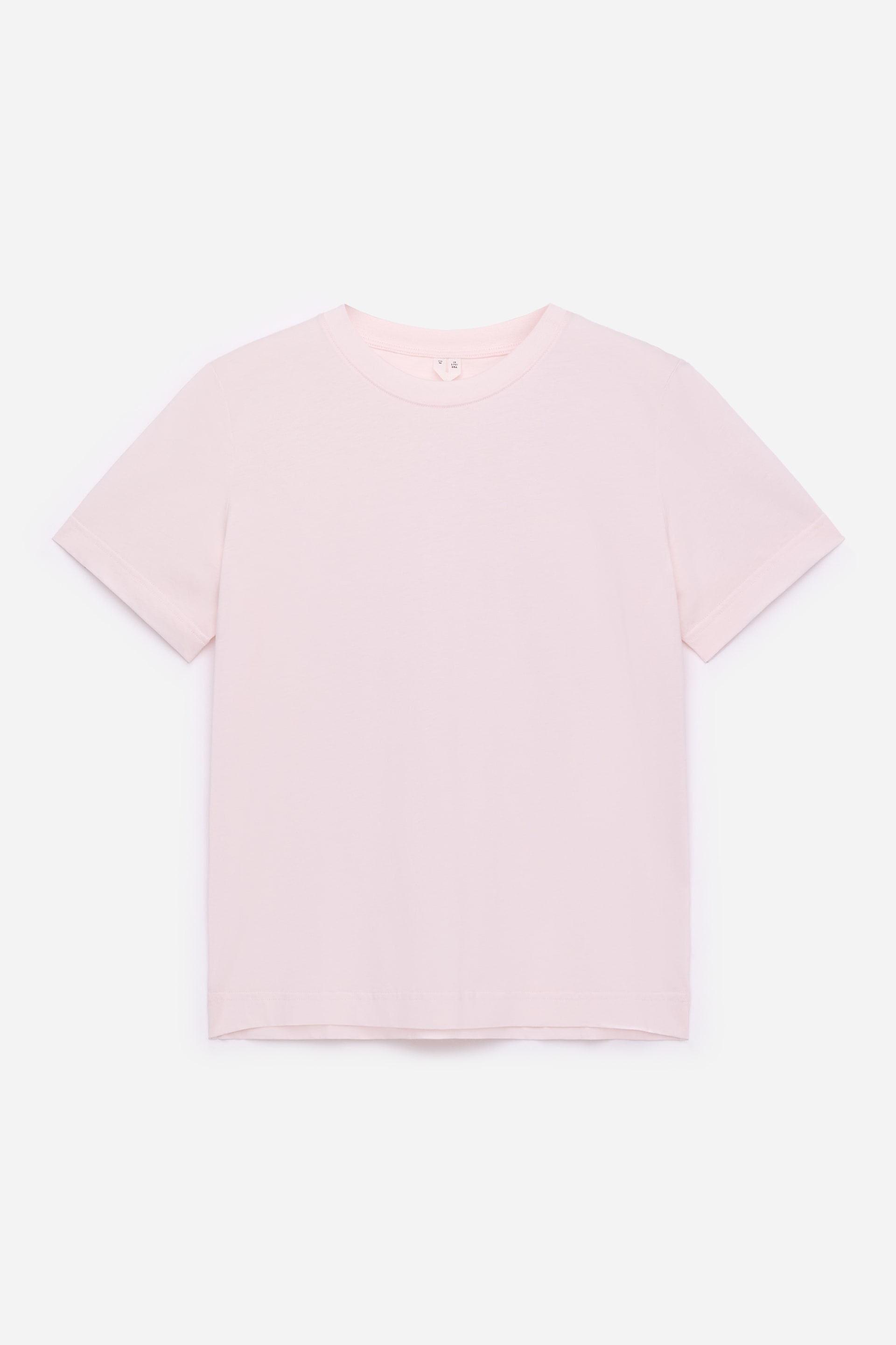 View larger image: The front view of a light pink T-shirt is displayed, featuring a ribbed crew neckline, short sleeves, and a smooth, plain knit texture. The bottom hem exhibits a straight finish.