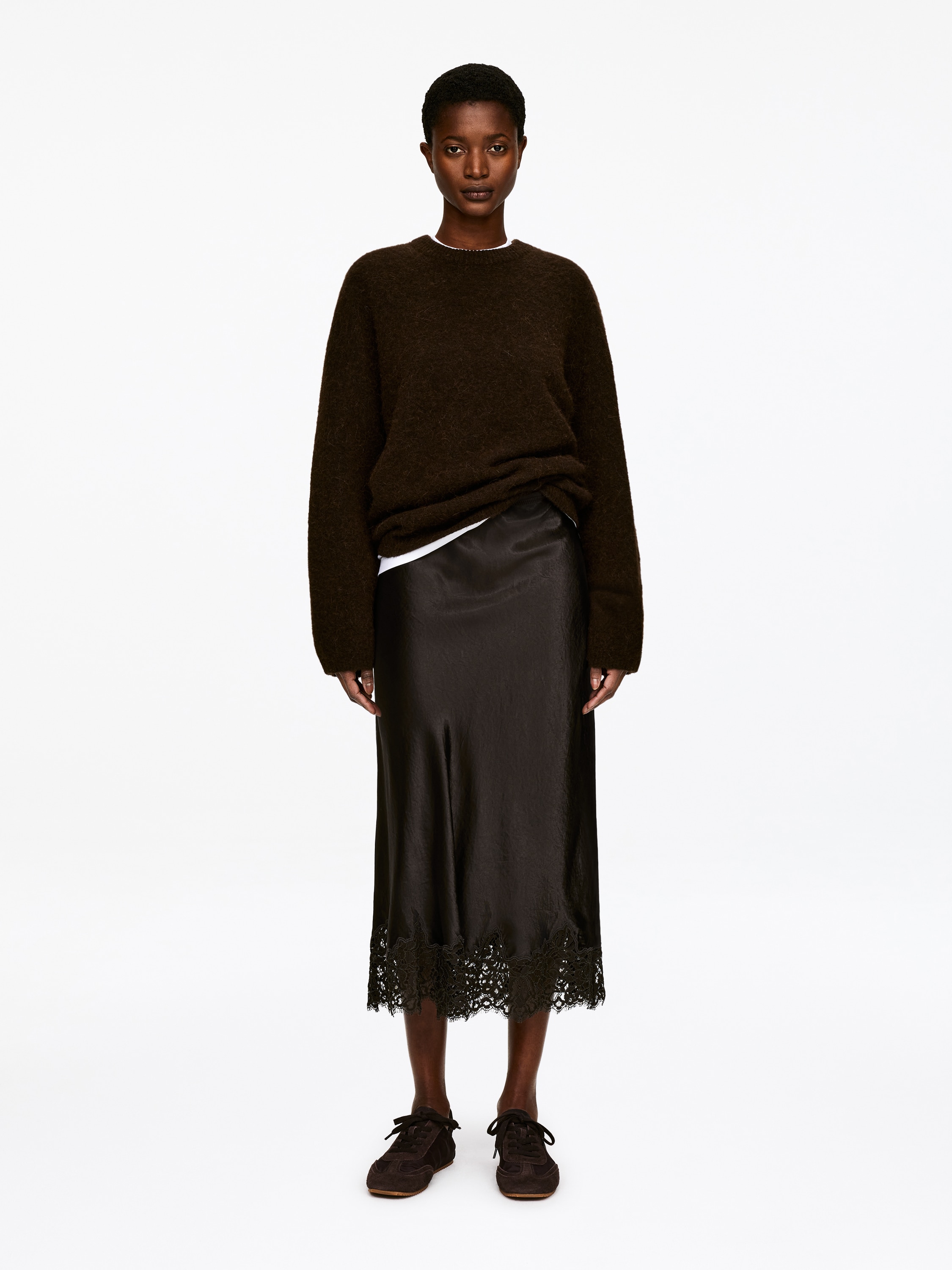 Lace-Detail Satin Skirt - Dark Brown