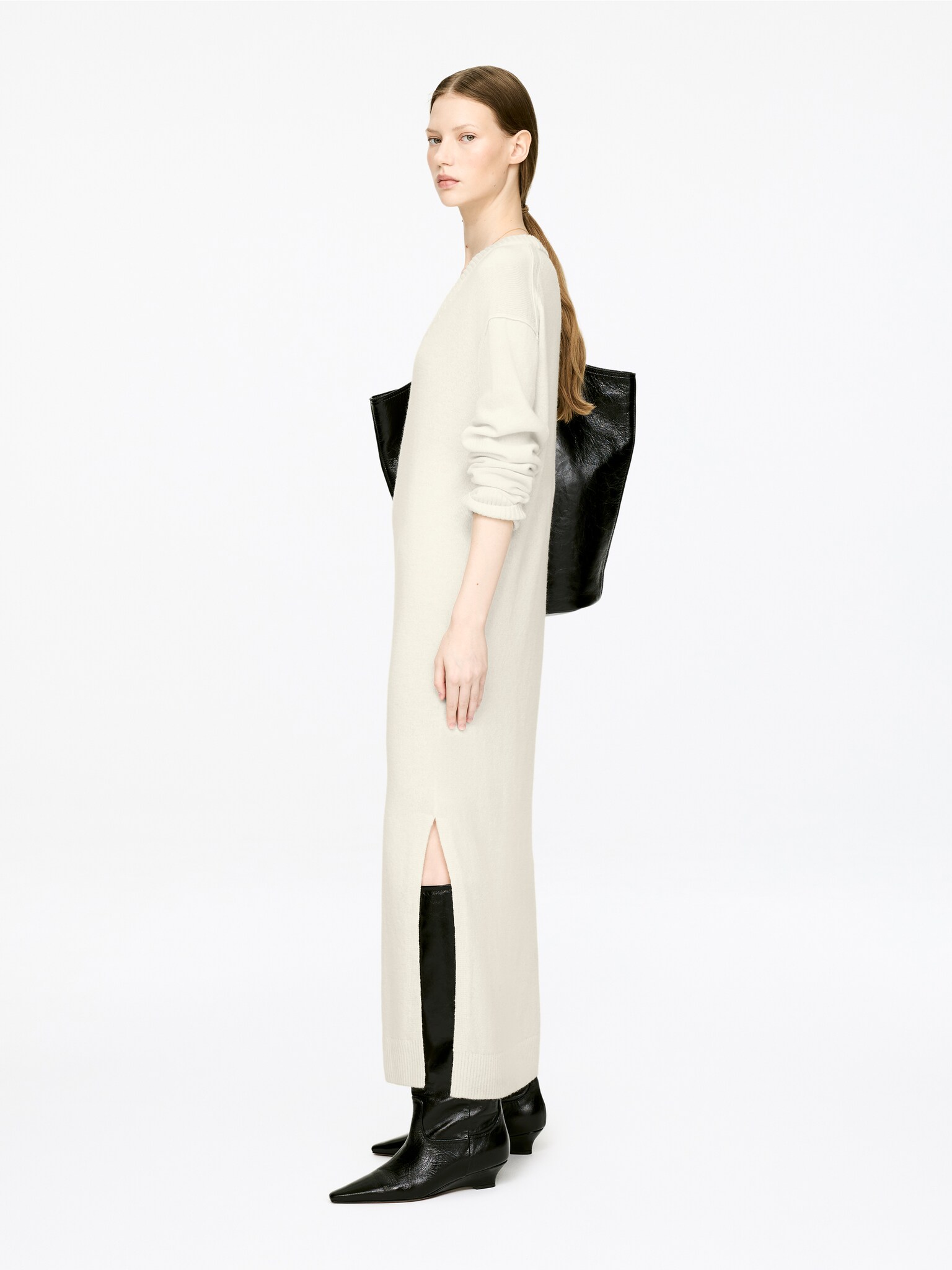 V-Neck Wool Dress - Off White/Black - 5