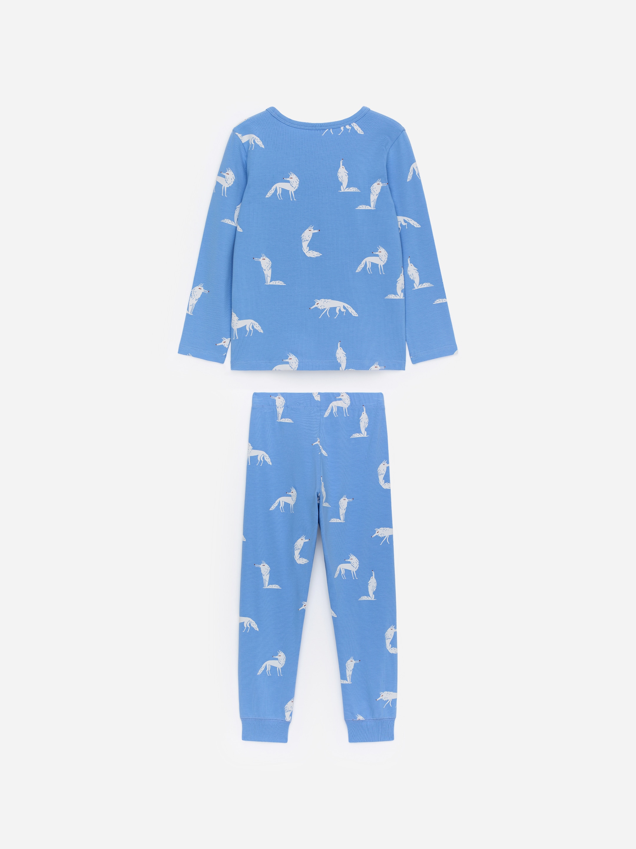 Agrandir l'image: Un ensemble de pyjama bleu deux pièces, arborant un imprimé animal blanc, est présenté à plat. Le haut à manches longues et col rond est présenté de dos avec des poignets côtelés, et le pantalon assorti est présenté de FRONT avec une taille élastiquée et des poignets de cheville côtelés.
