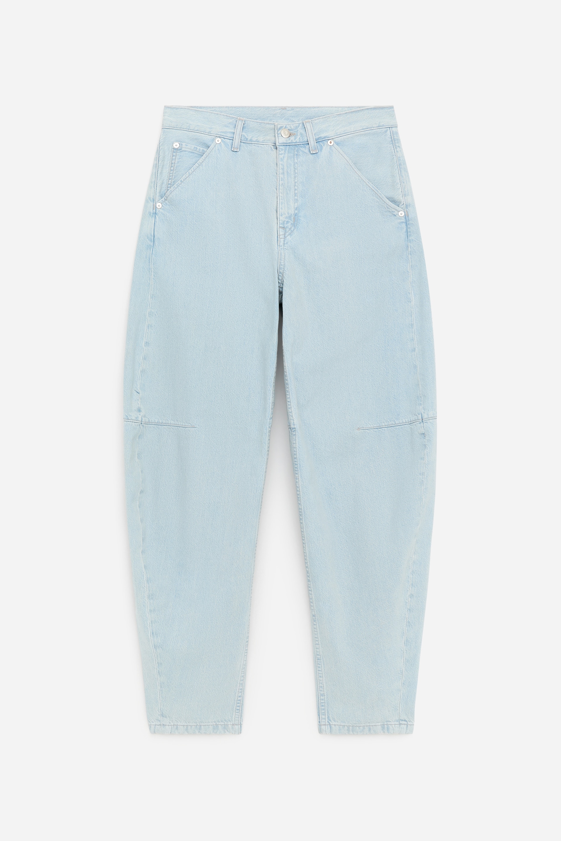 View larger image: Light blue denim trousers are showcased from the front, featuring a mid-rise waist and a zip fly. They offer a relaxed fit with barrel legs, angled front pockets, and visible knee seams.