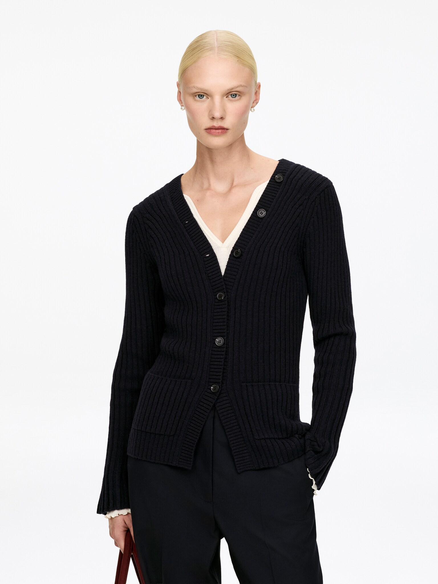 Cardigan a coste - Blu scuro/Bordeaux
