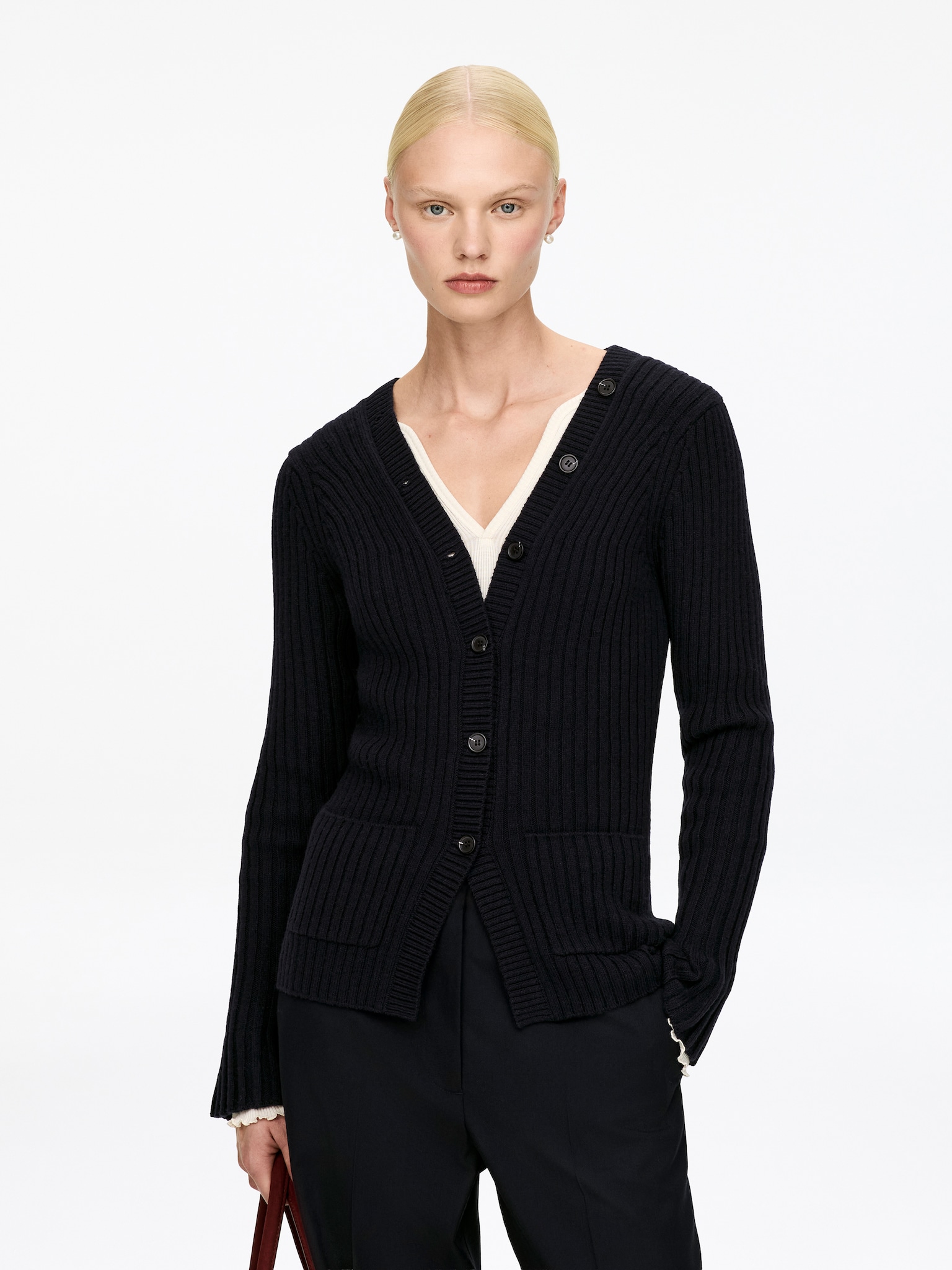 Rib-Knit Cardigan - Dark Blue - 1