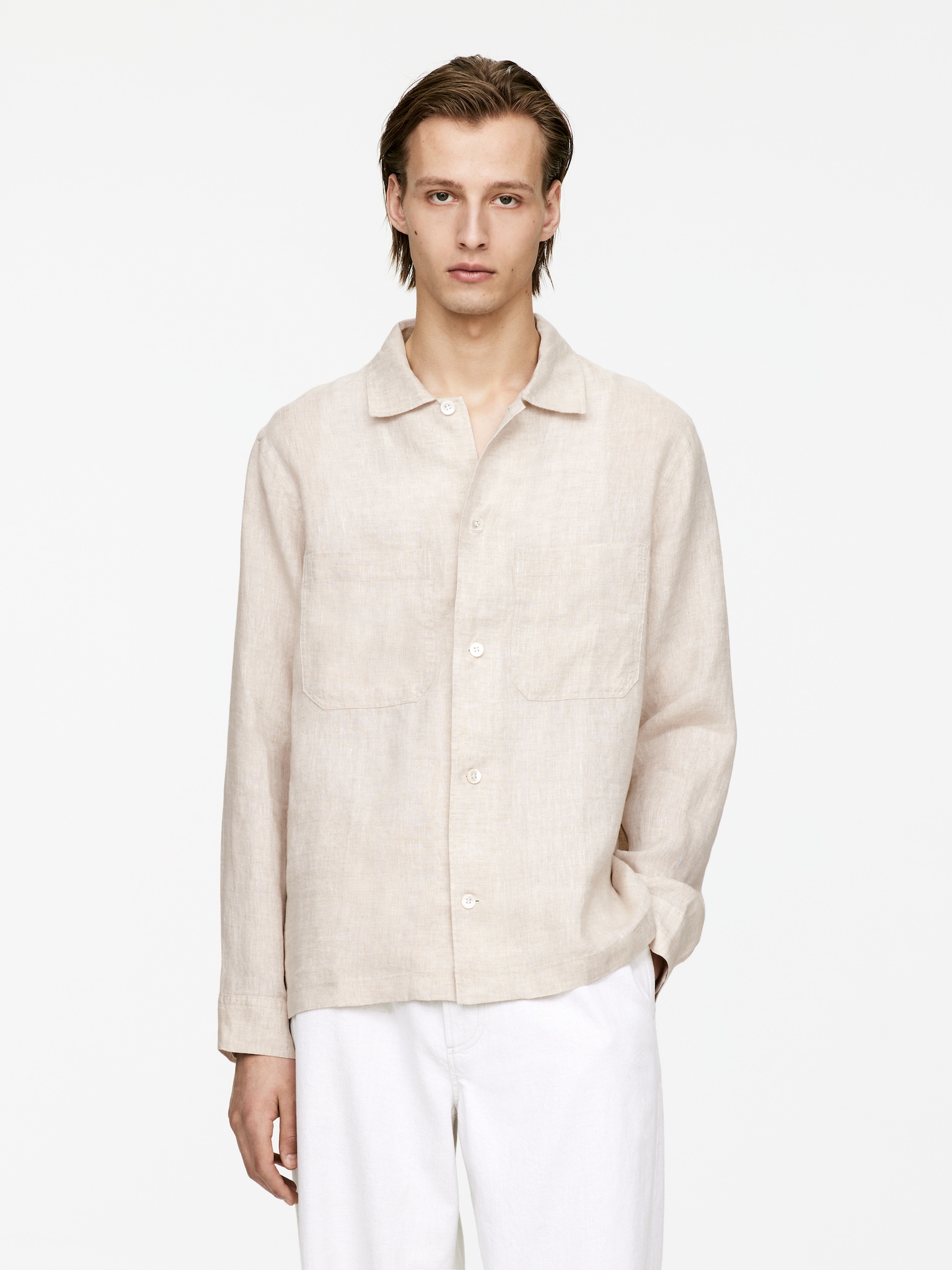 Ruimvallend linnen overhemd - Beige/Zwart