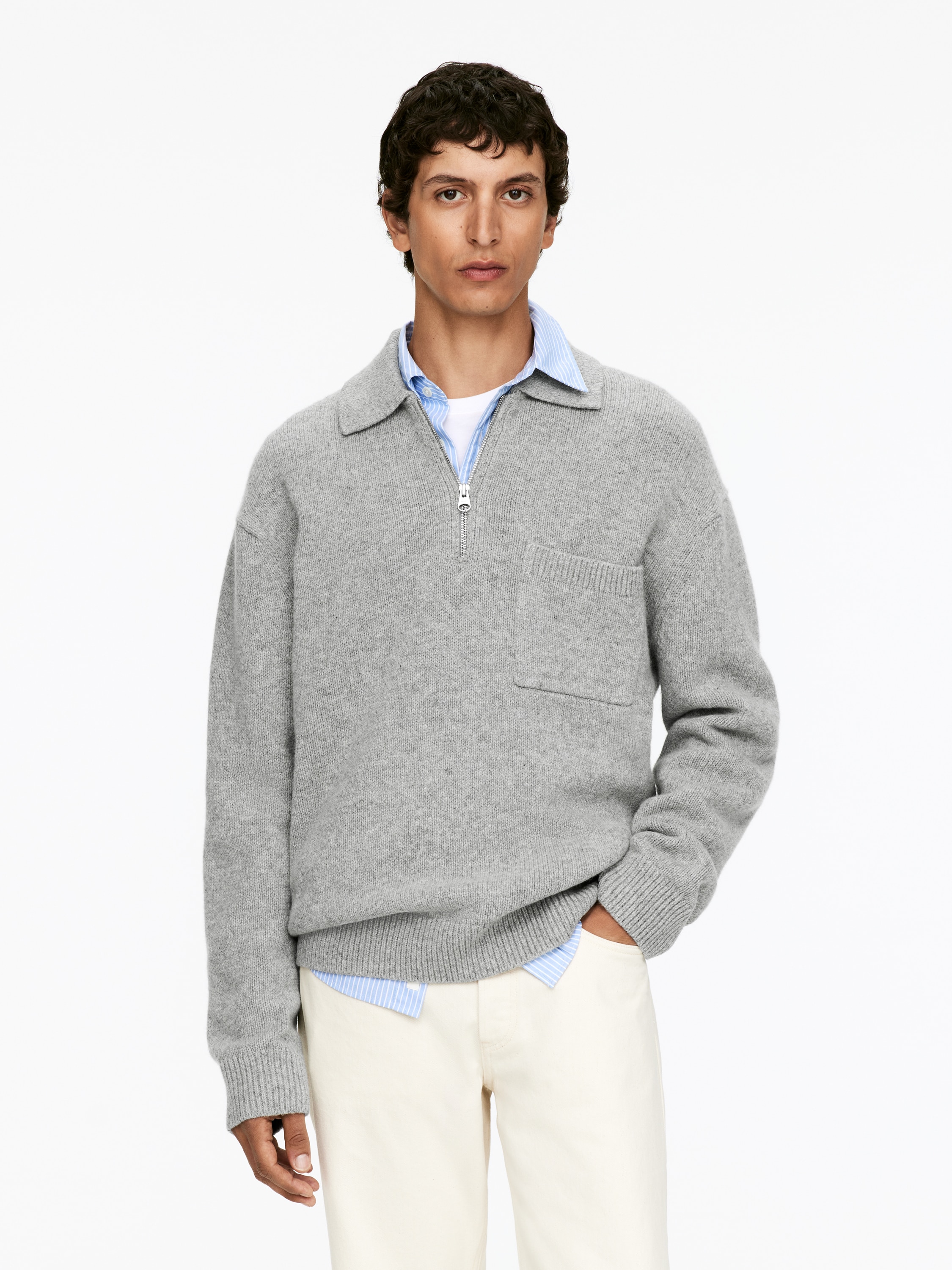 Knitted Wool Zip Polo Shirt - Grey/Mole/Black/Dark Green/Brown