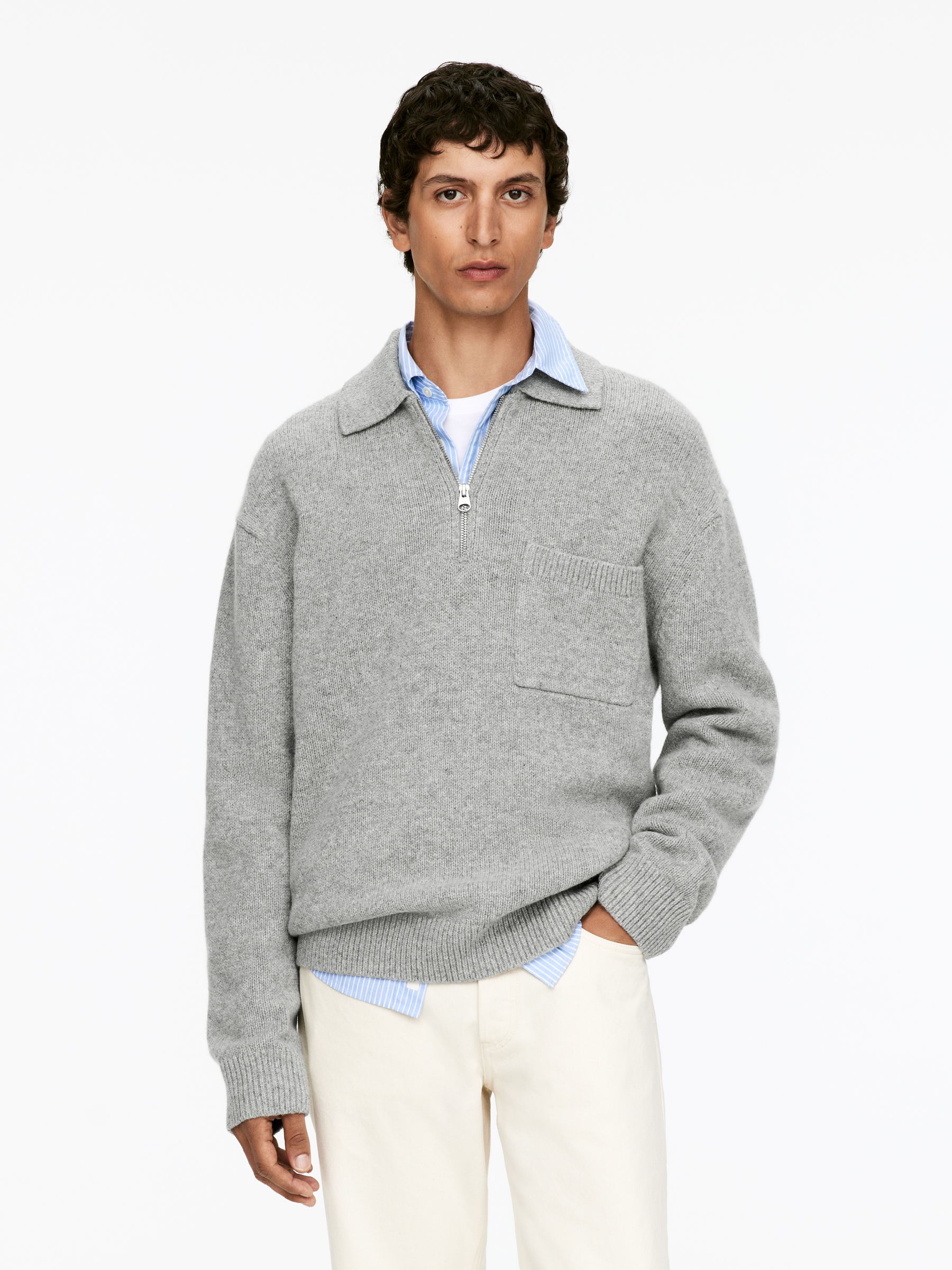 Knitted Wool Zip Polo Shirt-#A0A0A0-11646