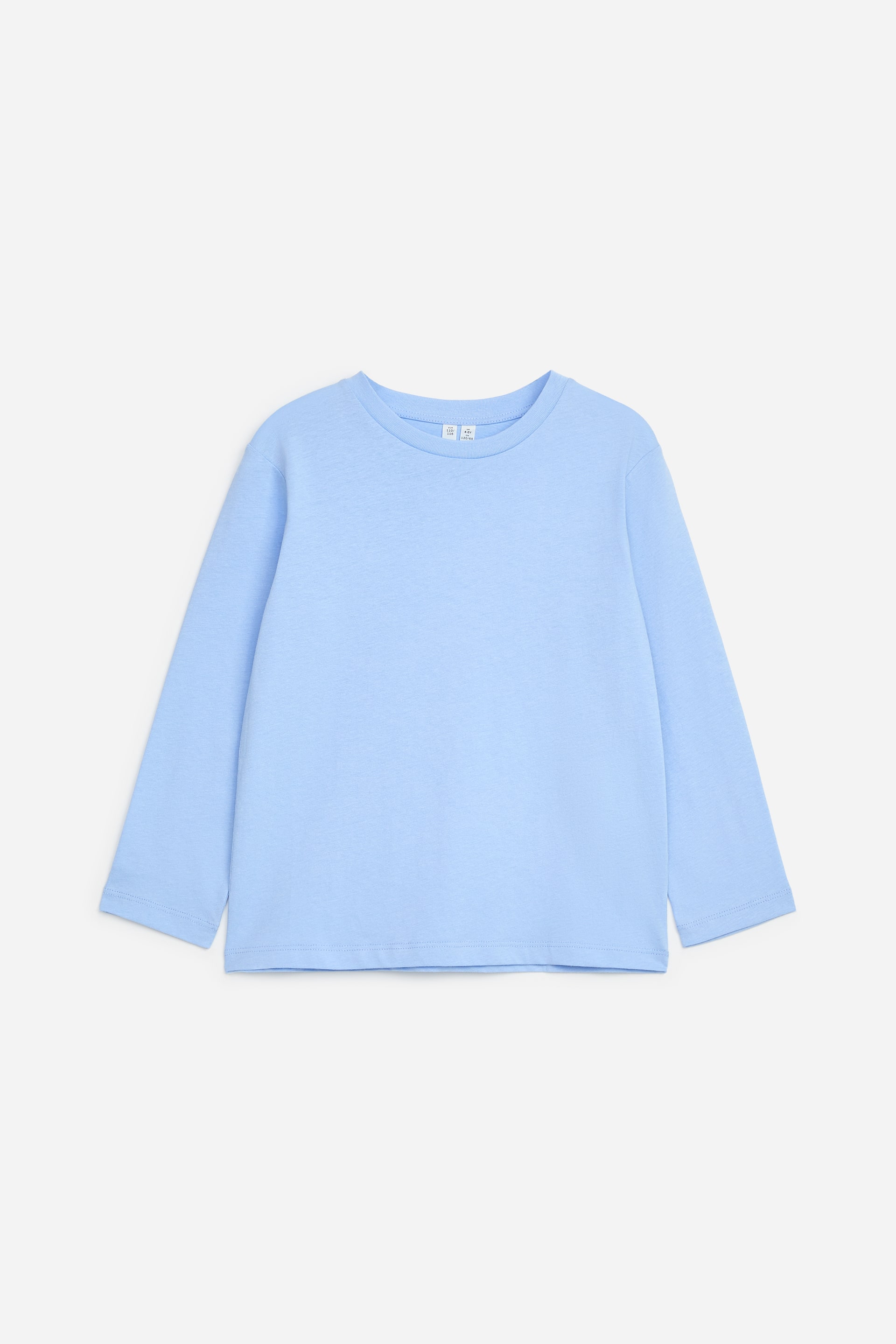 Visualizza l'immagine ingrandita: Una T-shirt azzurra a maniche lunghe è mostrata frontalmente, con girocollo a costine, maniche lunghe e orlo dritto.