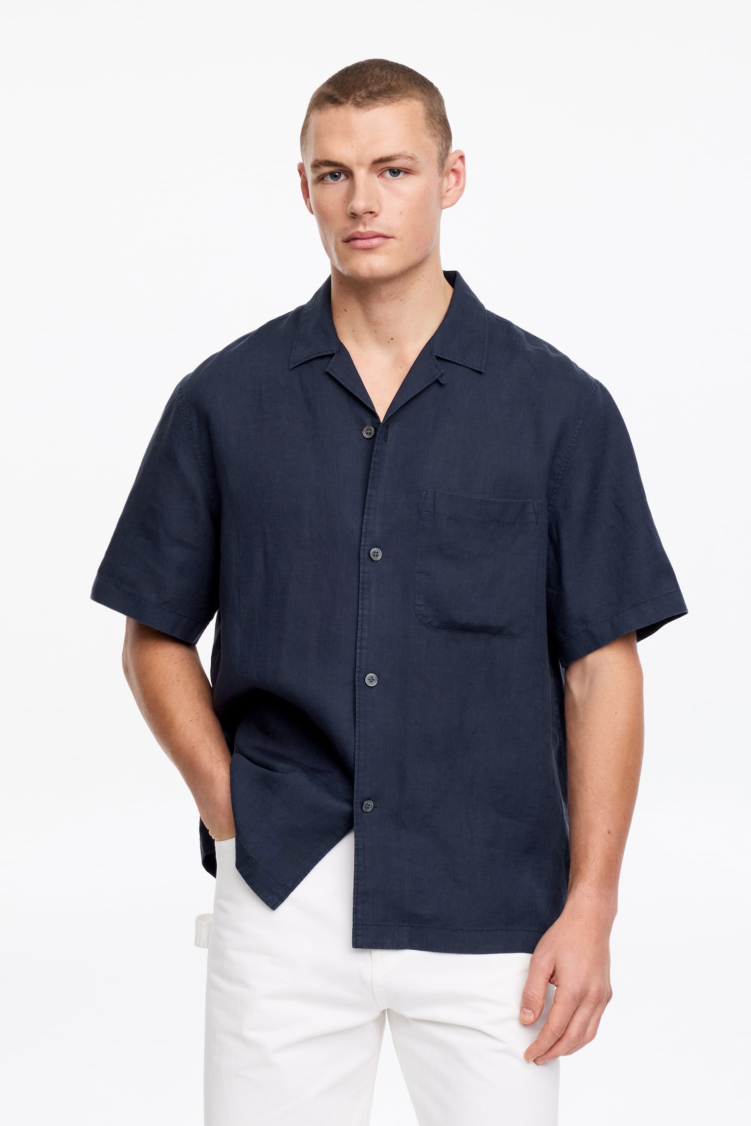 Resortskjorta i linne - Mörkblå/Vit/Brun - 1