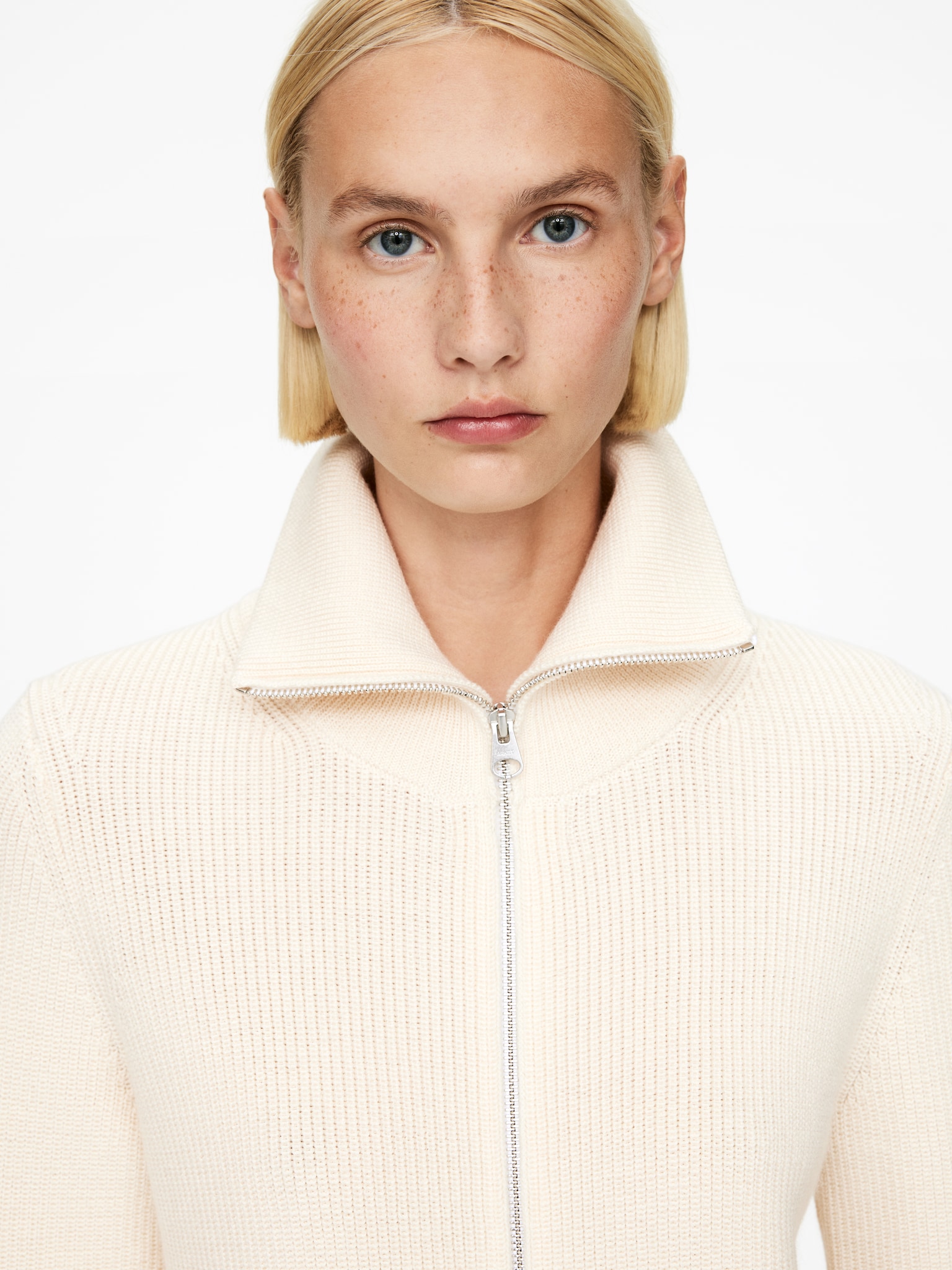 Cardigan zippé en laine et coton - Blanc cassé - 4