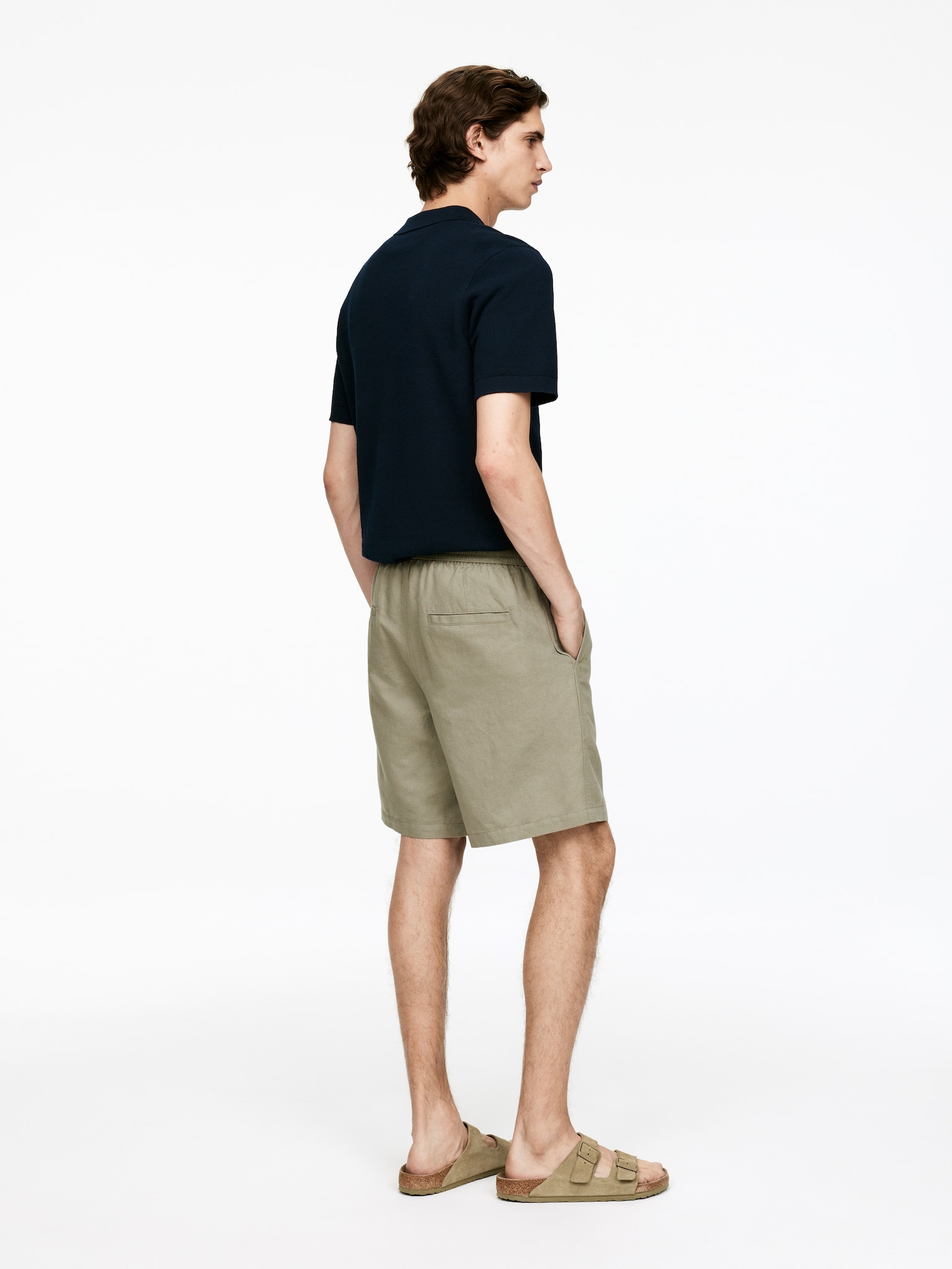 Short en coton et lin avec cordon de serrage - Vert/Bleu foncé/Beige clair/Noir - 6