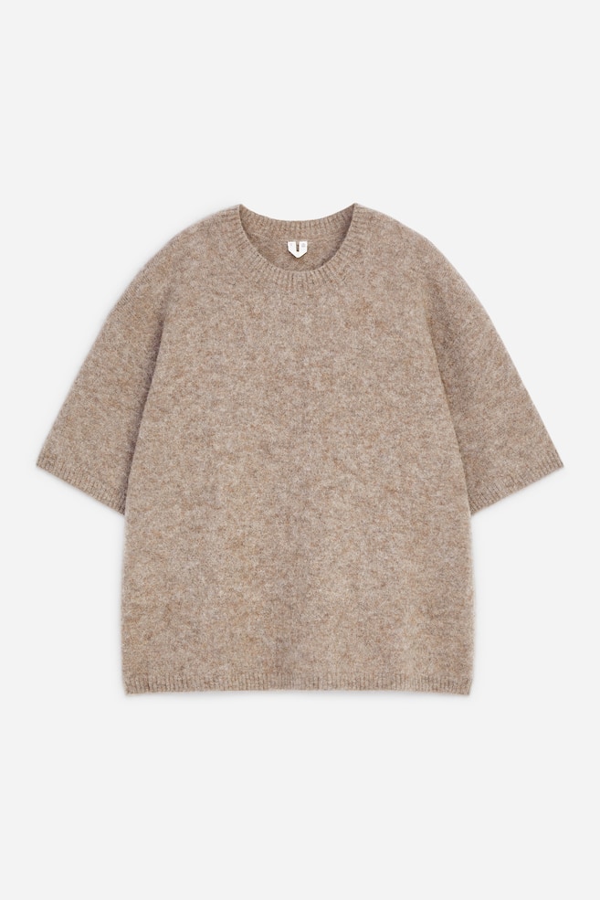 Se presenta un jersey de manga corta desde el frente, mostrando un tejido de punto jaspeado en un suave tono marrón claro. Cuenta con un clásico cuello redondo, mangas cortas y un corte holgado, y está detallado con acabados de canalé en el escote, las aberturas de las mangas y el dobladillo. - 1