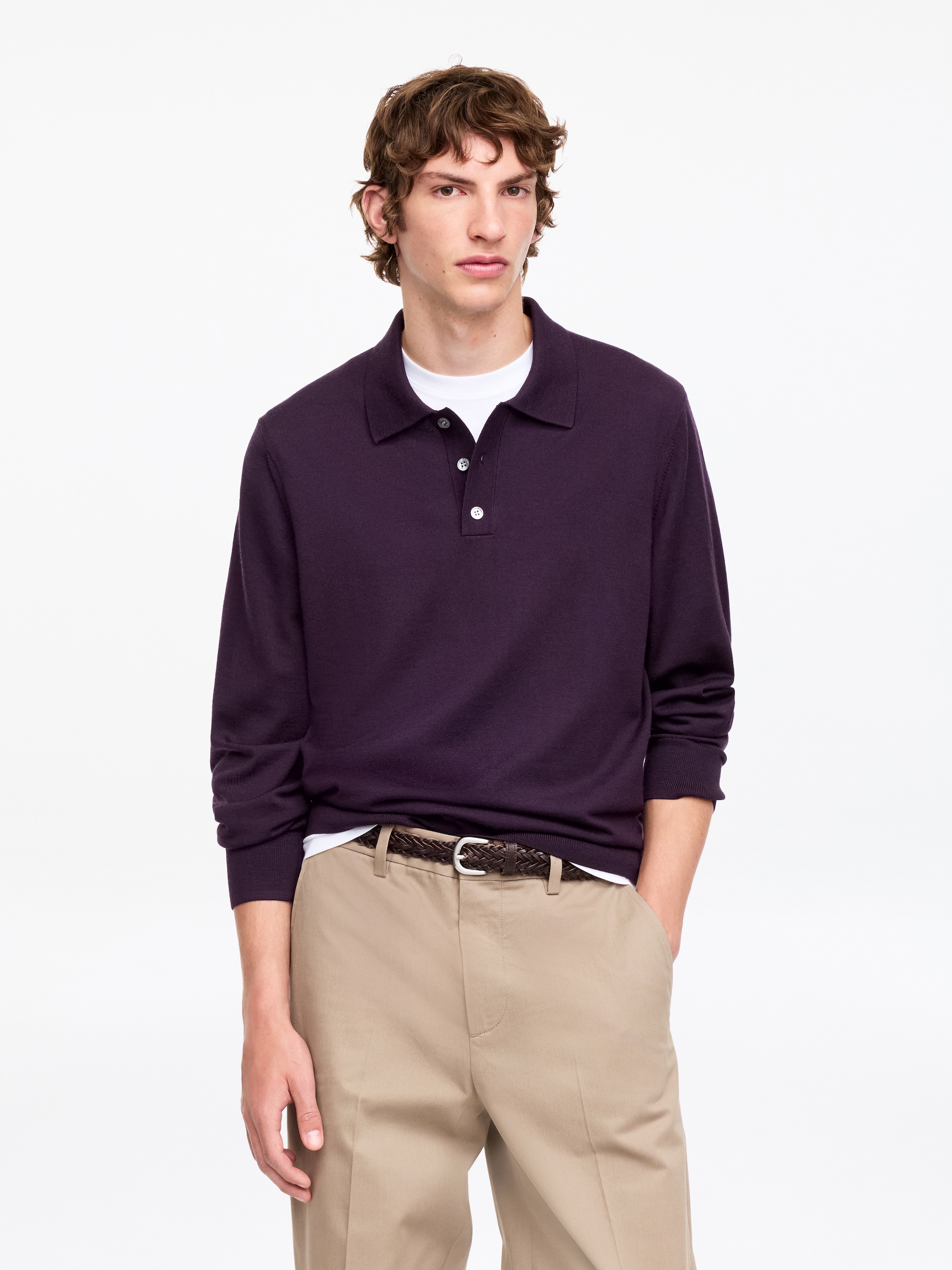 Maglione in stile polo in lana merino-Purple-19744