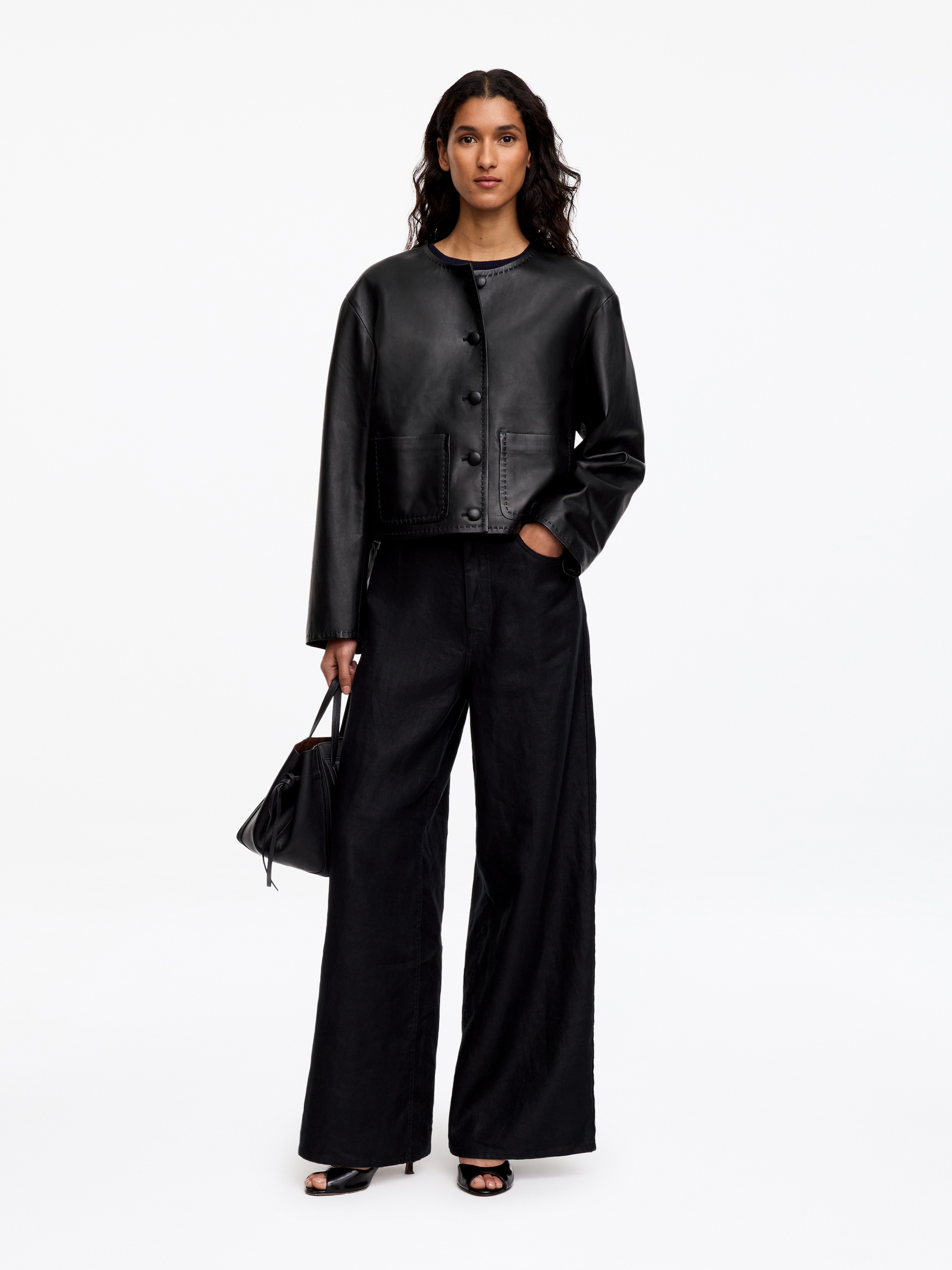 Collarless Leather Jacket-Black-20045