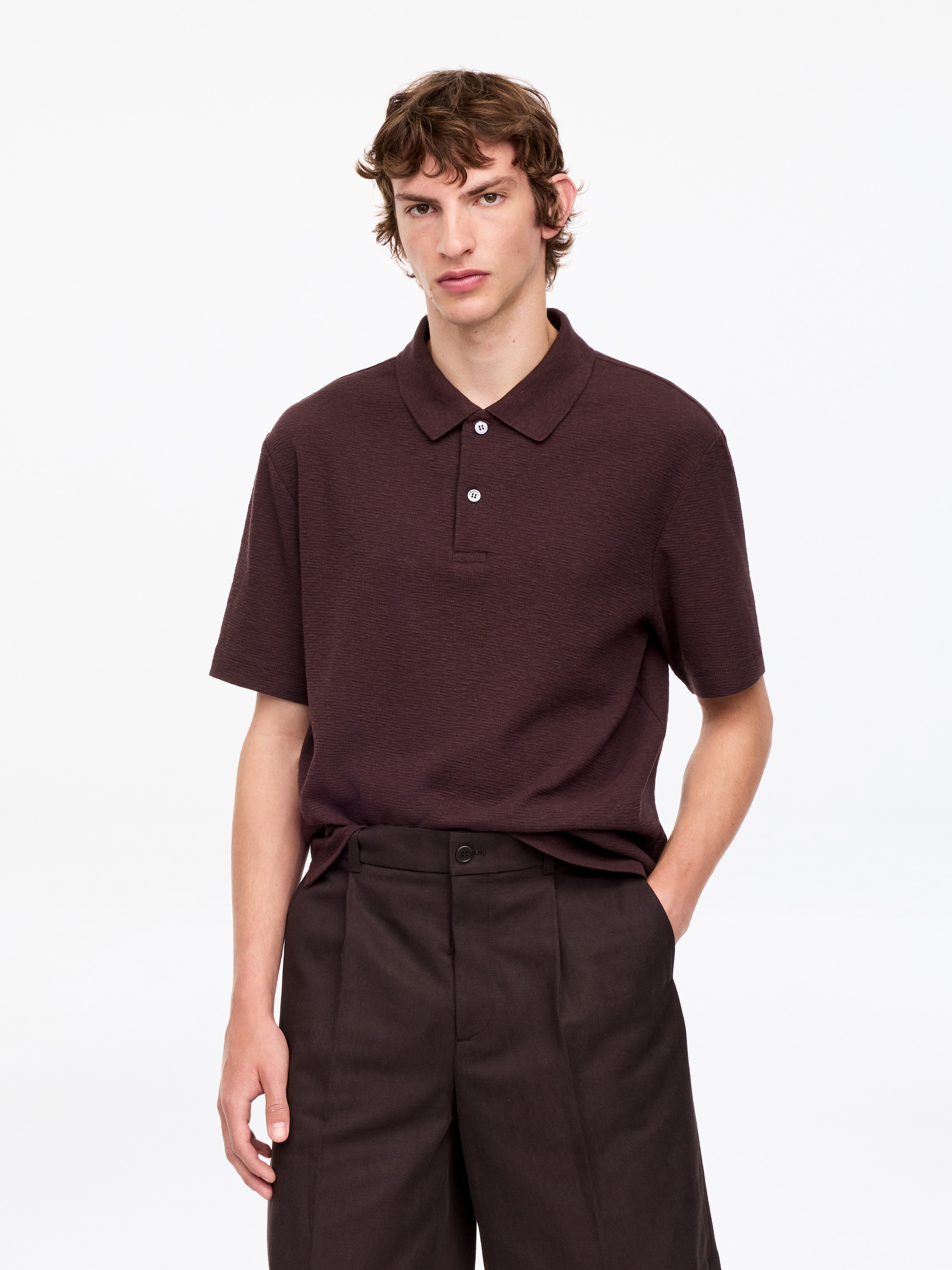 Cotton Linen Polo Shirt-#3C2A2B-19731