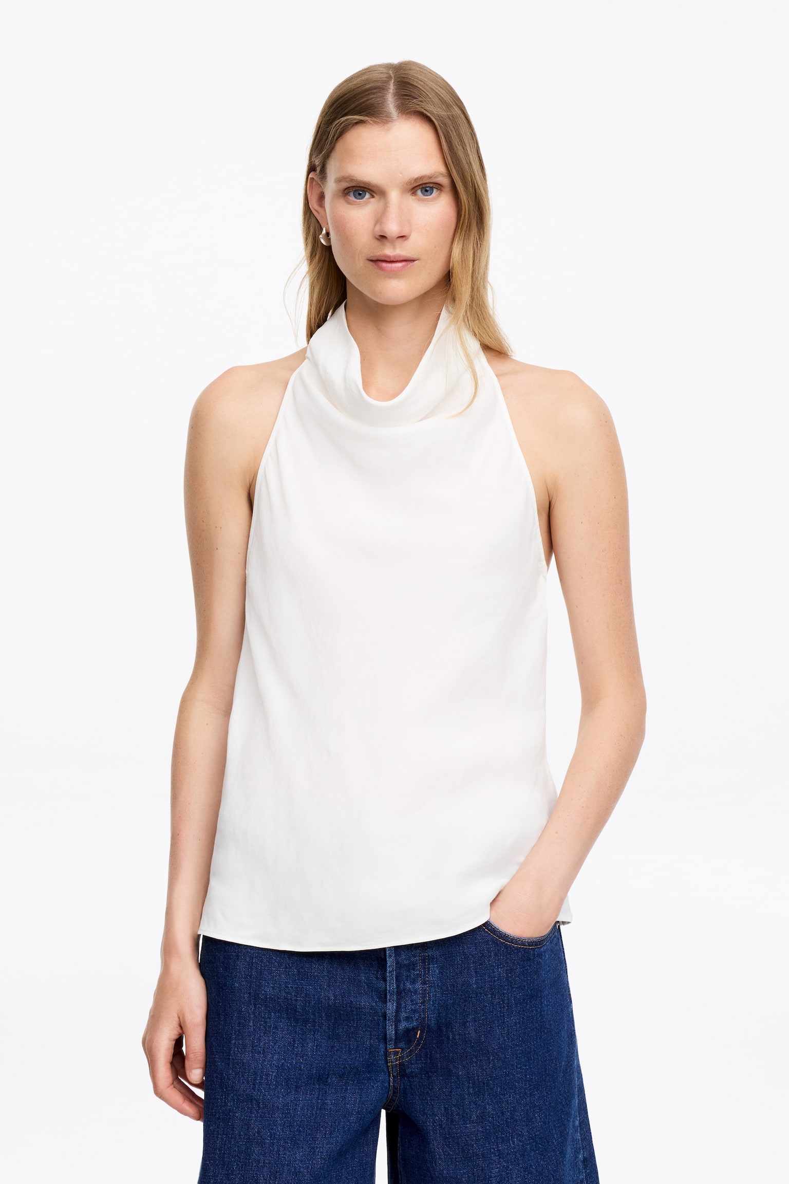 Neckholder-Top aus Leinenmischung - Weiß/Schwarz - 1