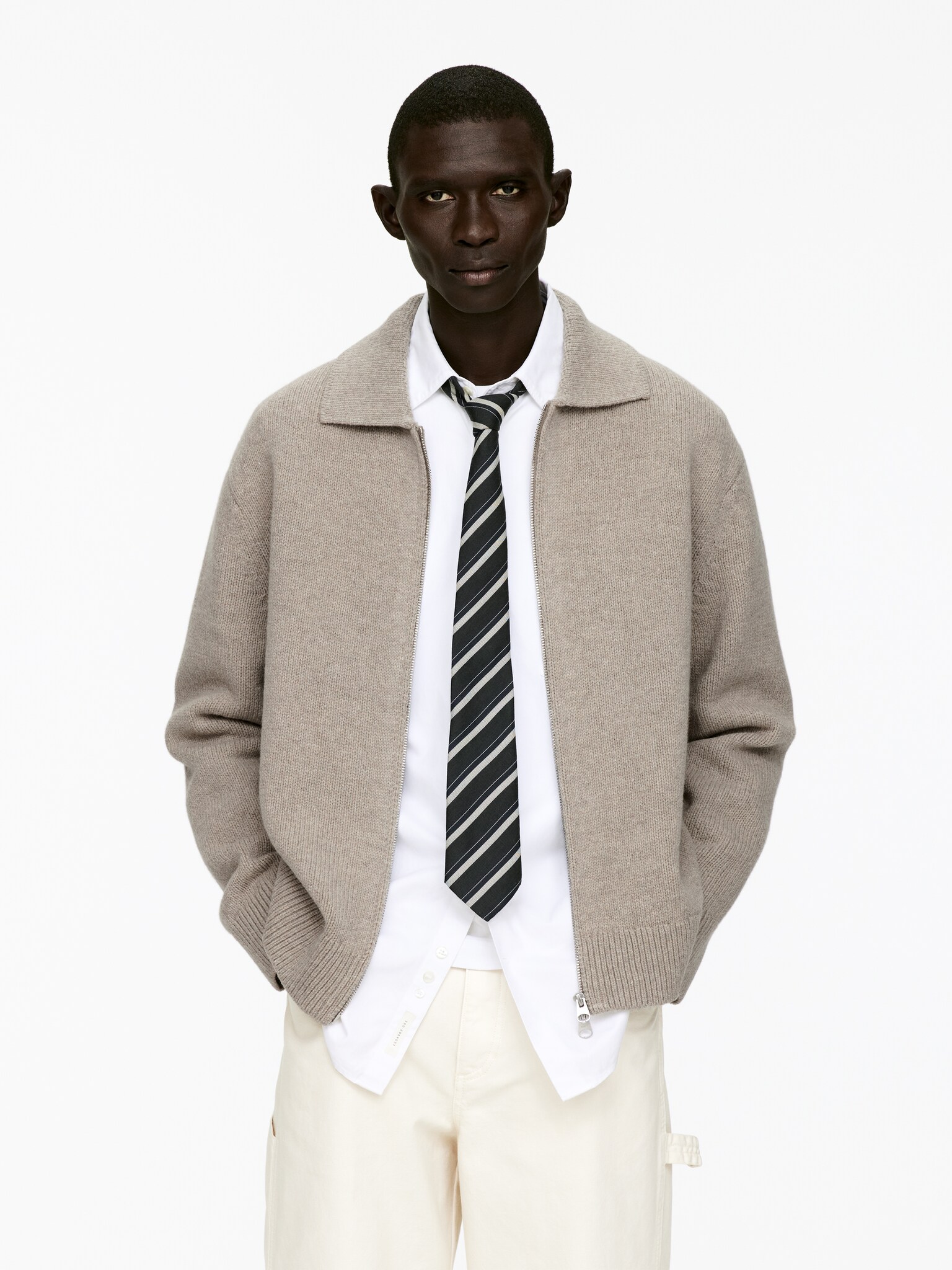 Ullcardigan med glidelås - Beige/Mørkebrun