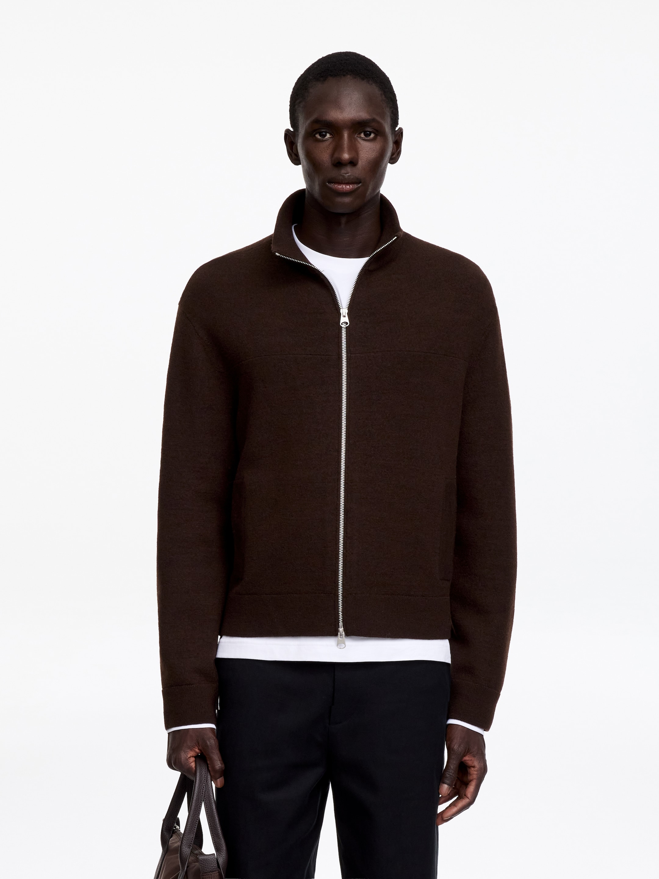 Chaqueta de lana con cremallera-Brown-20356