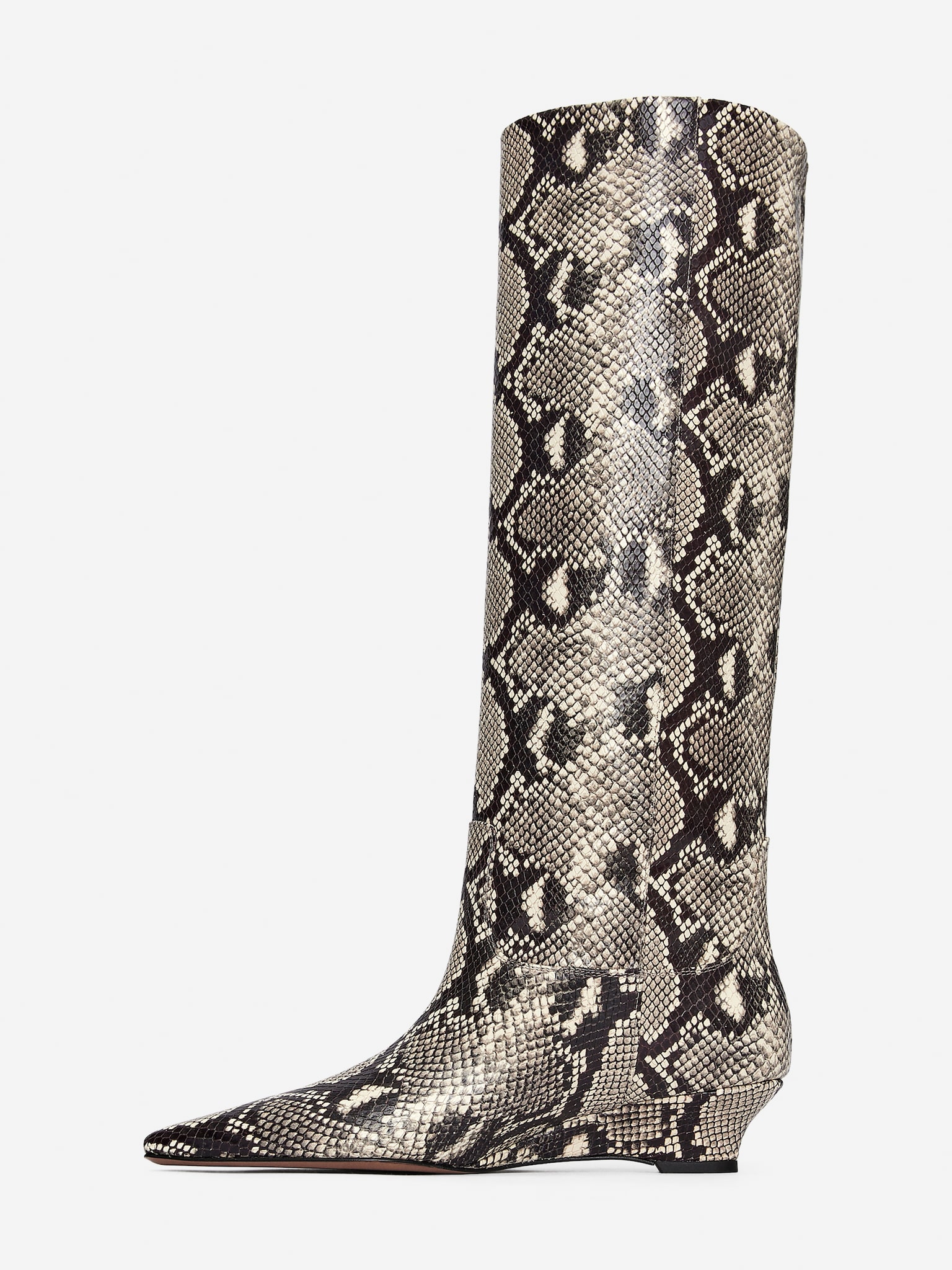 Wedge-Heel Leather Boots - Beige/Black - 8