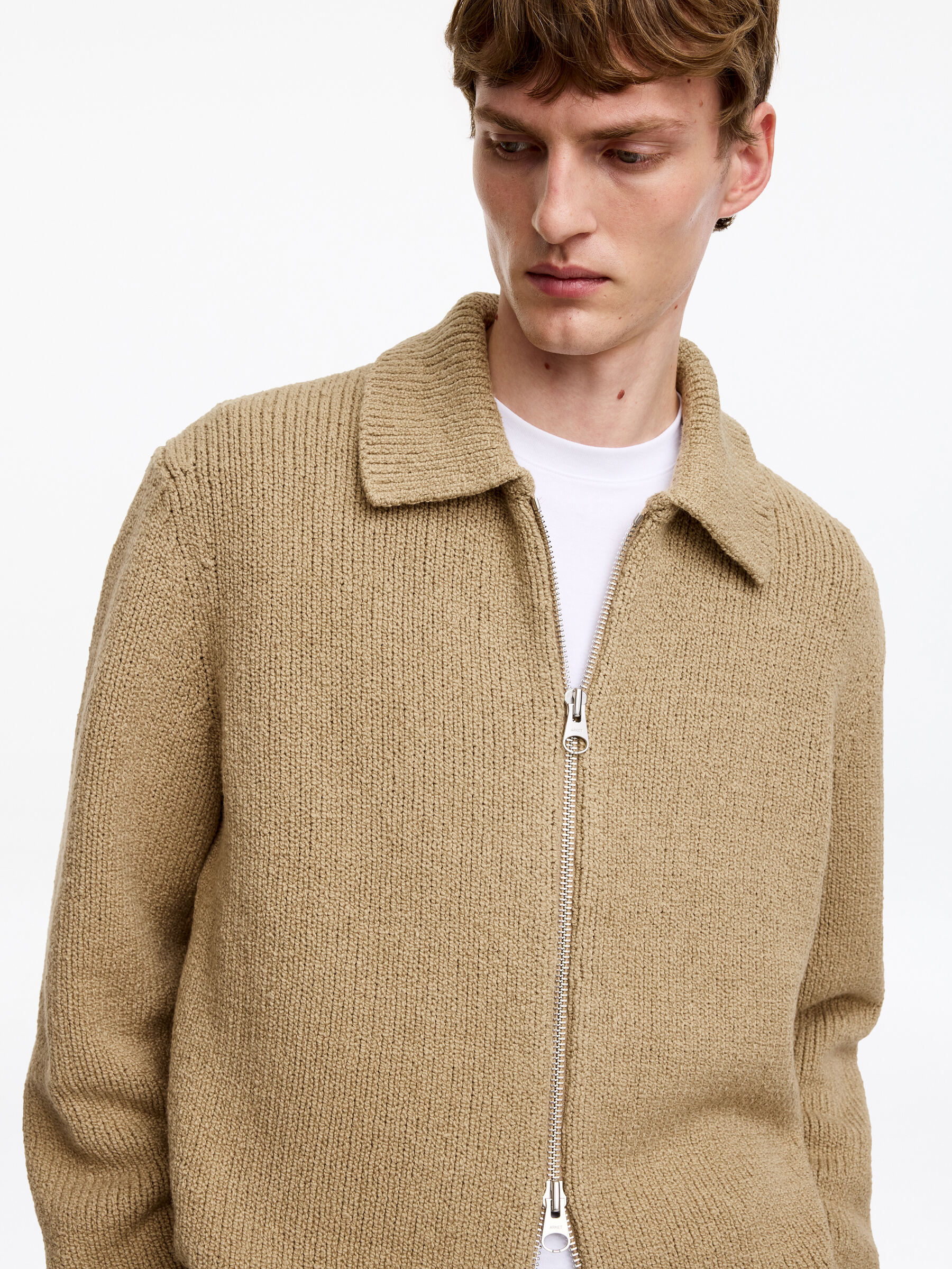 Cotton Blend Zip Cardigan - Dark Beige - Loose fit - Men - StillMedia/Lookbook - 3