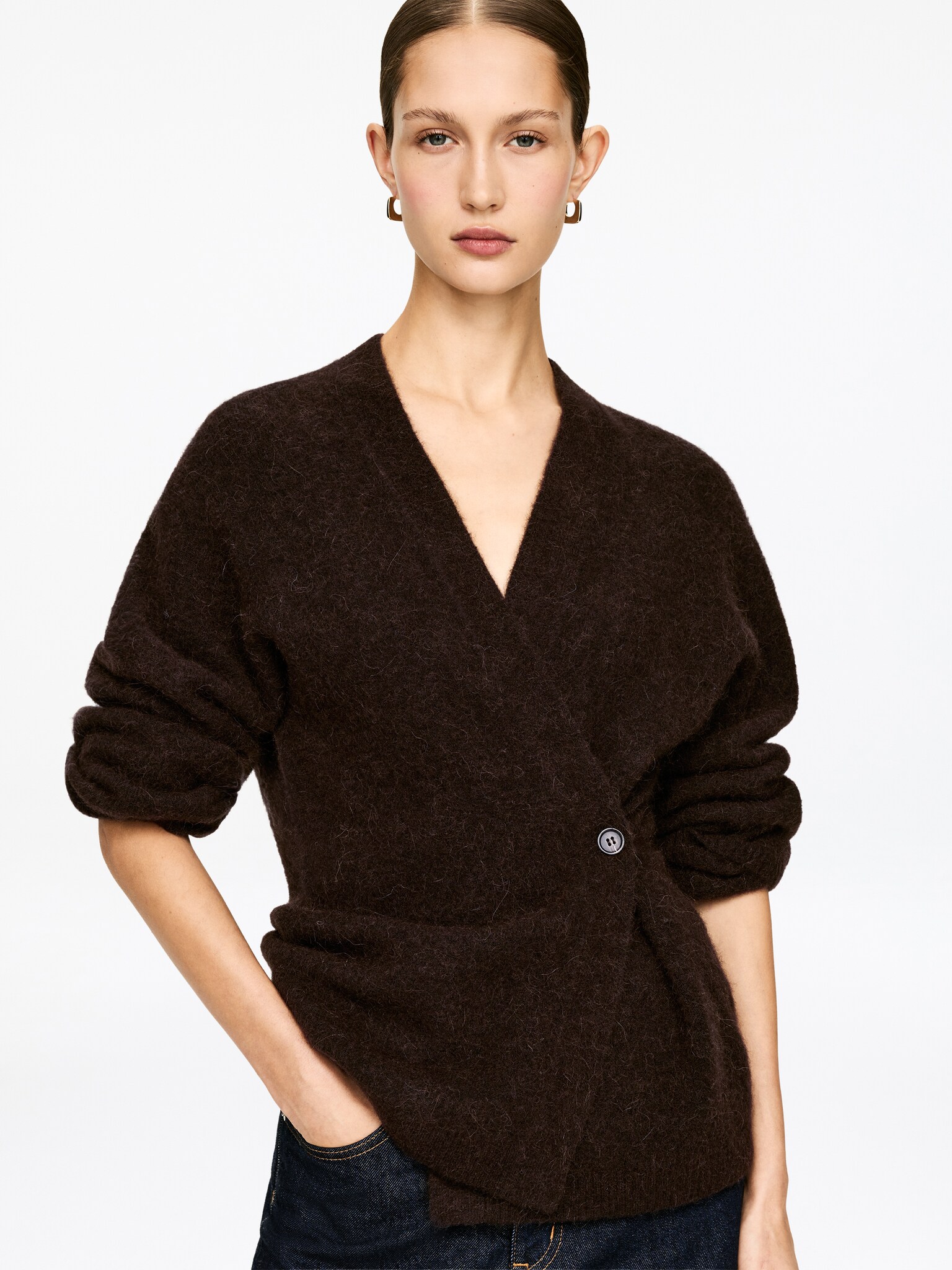 Cardigan en mélange de laine et d'alpaga - Dark Brown/Blanc cassé - 5