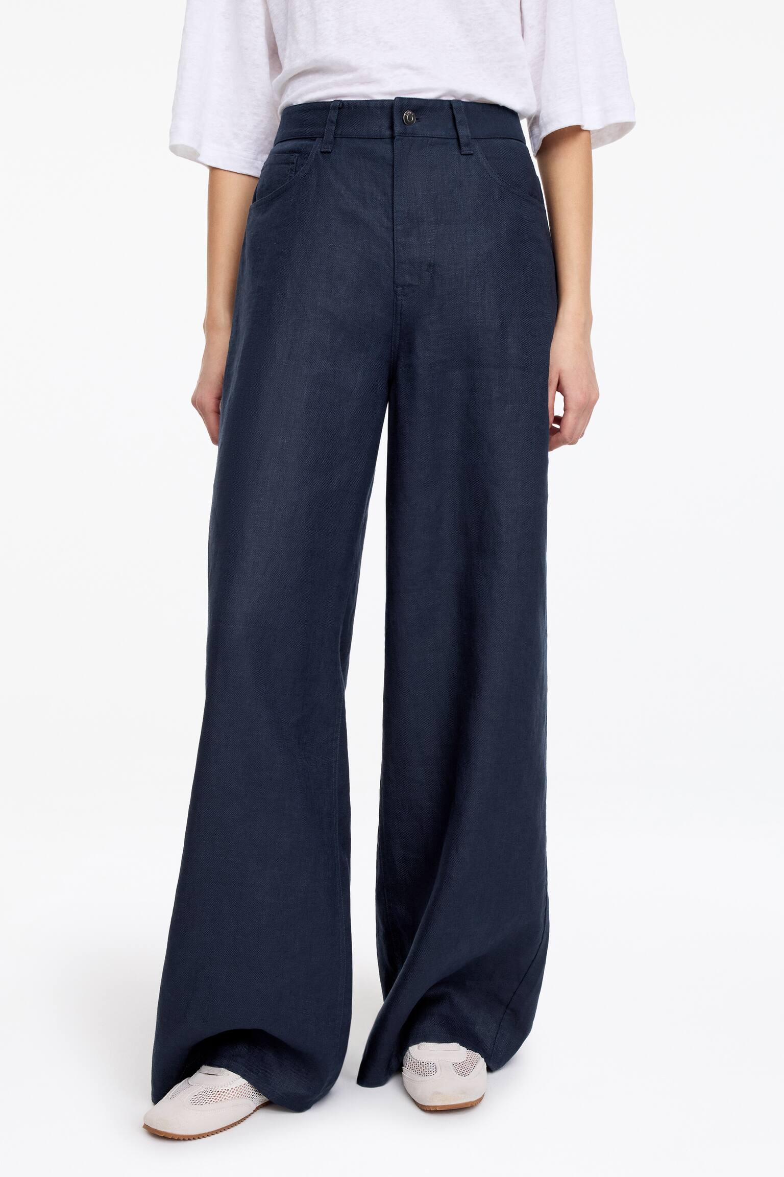 Pantalon en lin à cinq poches - Bleu foncé/Blanc - 4