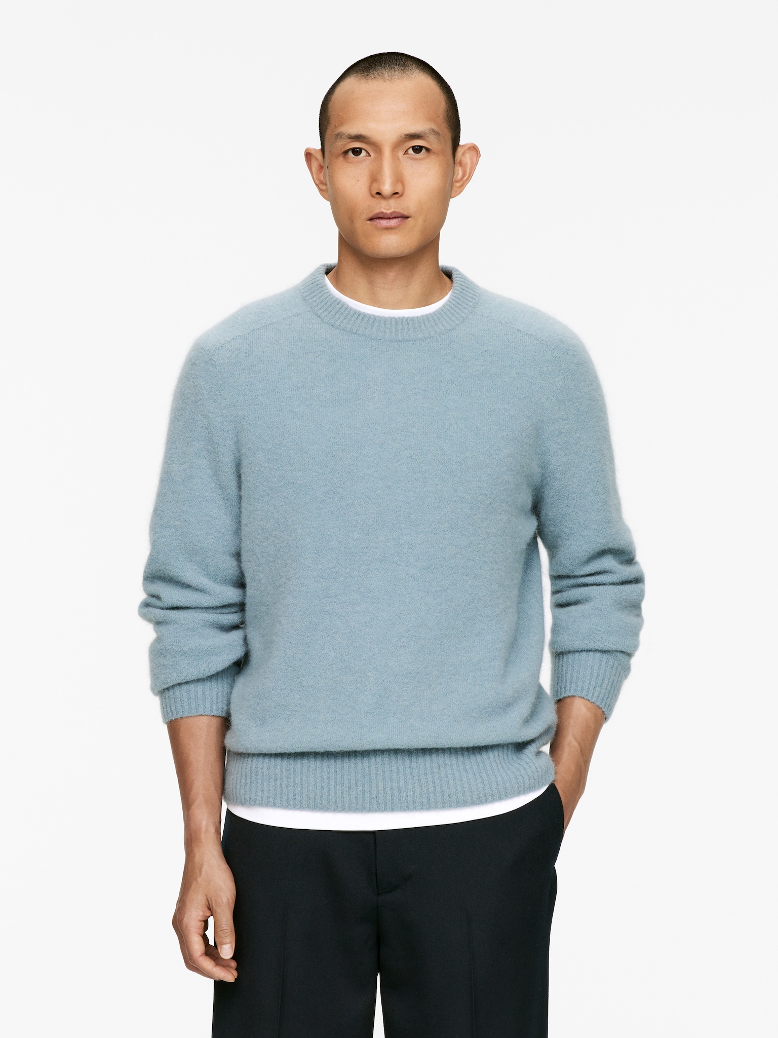 Suéter en mezcla de alpaca y lana merino - Azul empolvado/Marrón oscuro