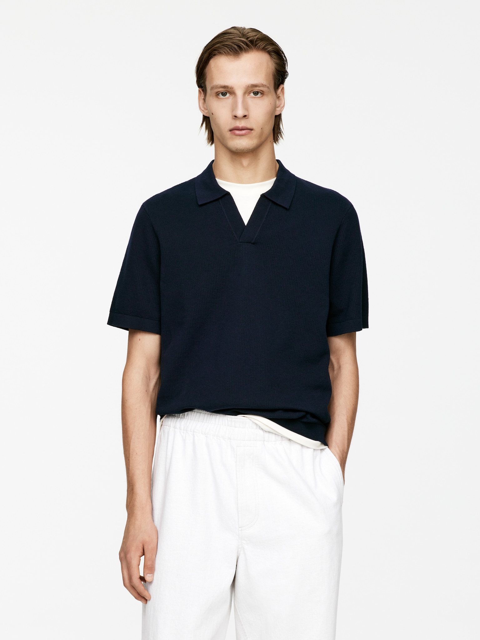 Poloshirt met textuur - Donkerblauw/Gebroken wit/Lichtbruin