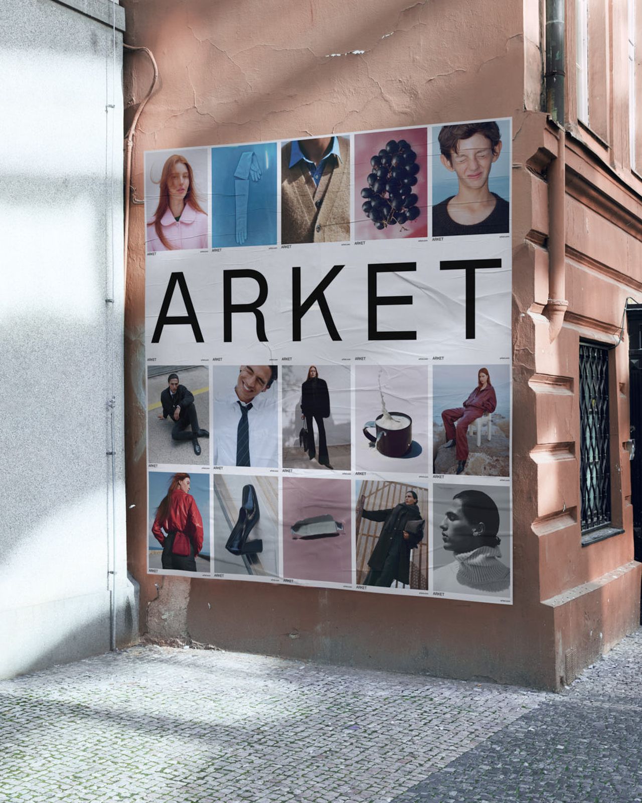 Wall-mounted collage of fashion images featuring diverse outfits, shoes, and accessories, with "ARKET" prominently displayed in the center.