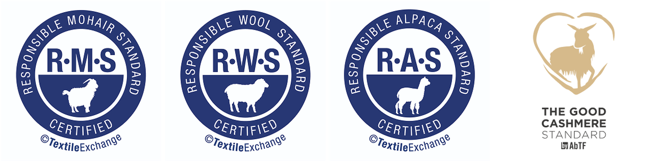 Logos for Responsible Mohair, Wool, and Alpaca Standards by Textile Exchange, and The Good Cashmere Standard by AbTF, featuring animal silhouettes.