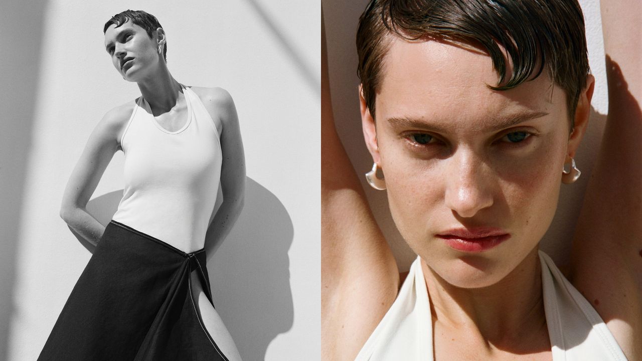 Black and white image of a person in a white top and black skirt, and close-up showing short hair, earrings, and a serious expression.