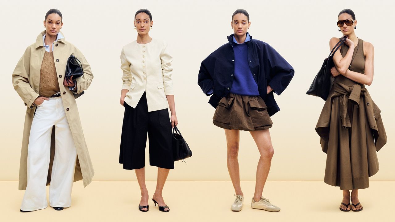 Four models display diverse outfits, including a trench coat, cream blazer with culottes, blue jacket with mini skirt, and a sleeveless dress with sunglasses.