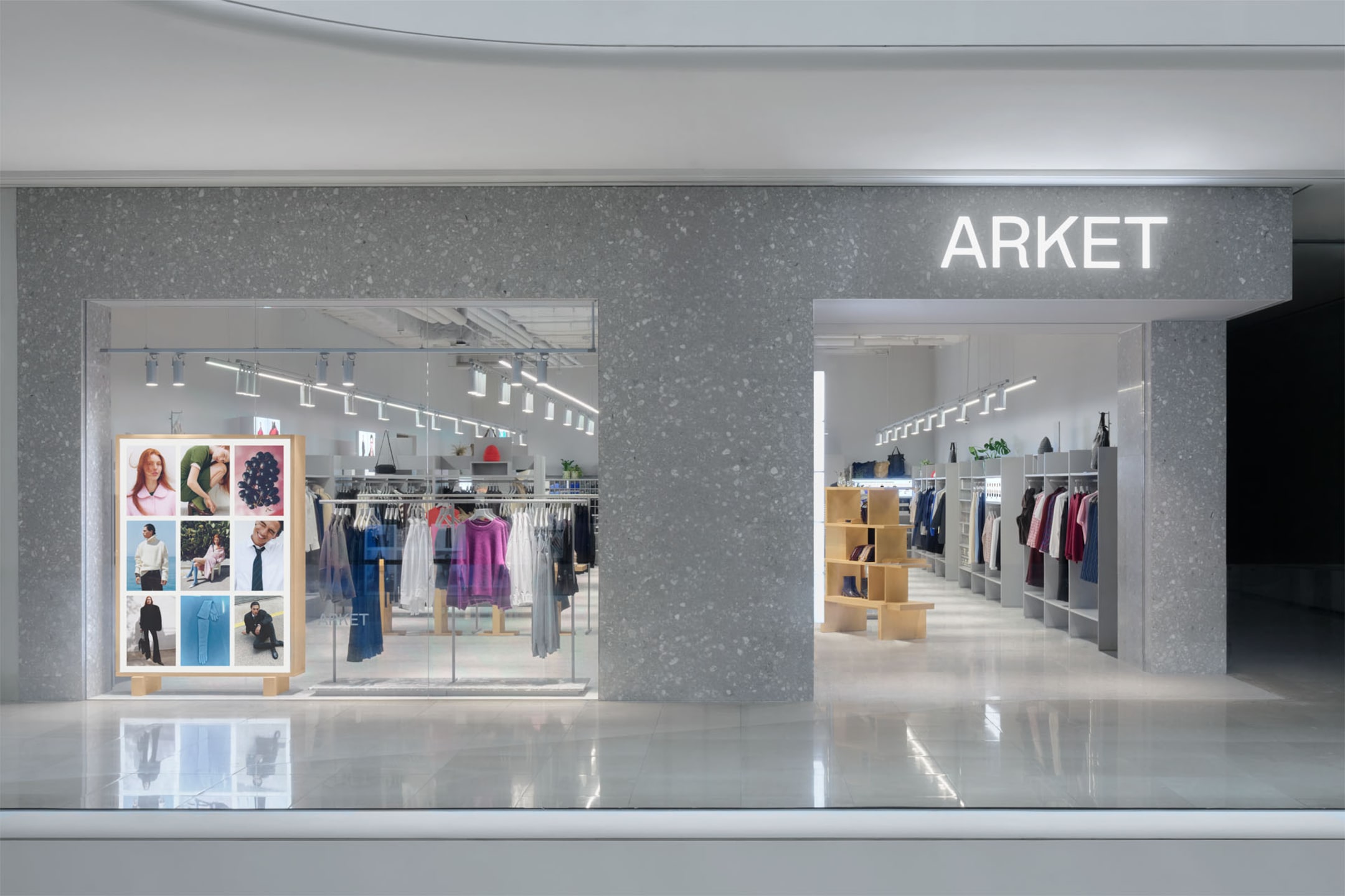 Storefront of ARKET with glass windows, displaying clothing on racks and a lit sign. A collage of fashion images is visible on the left.