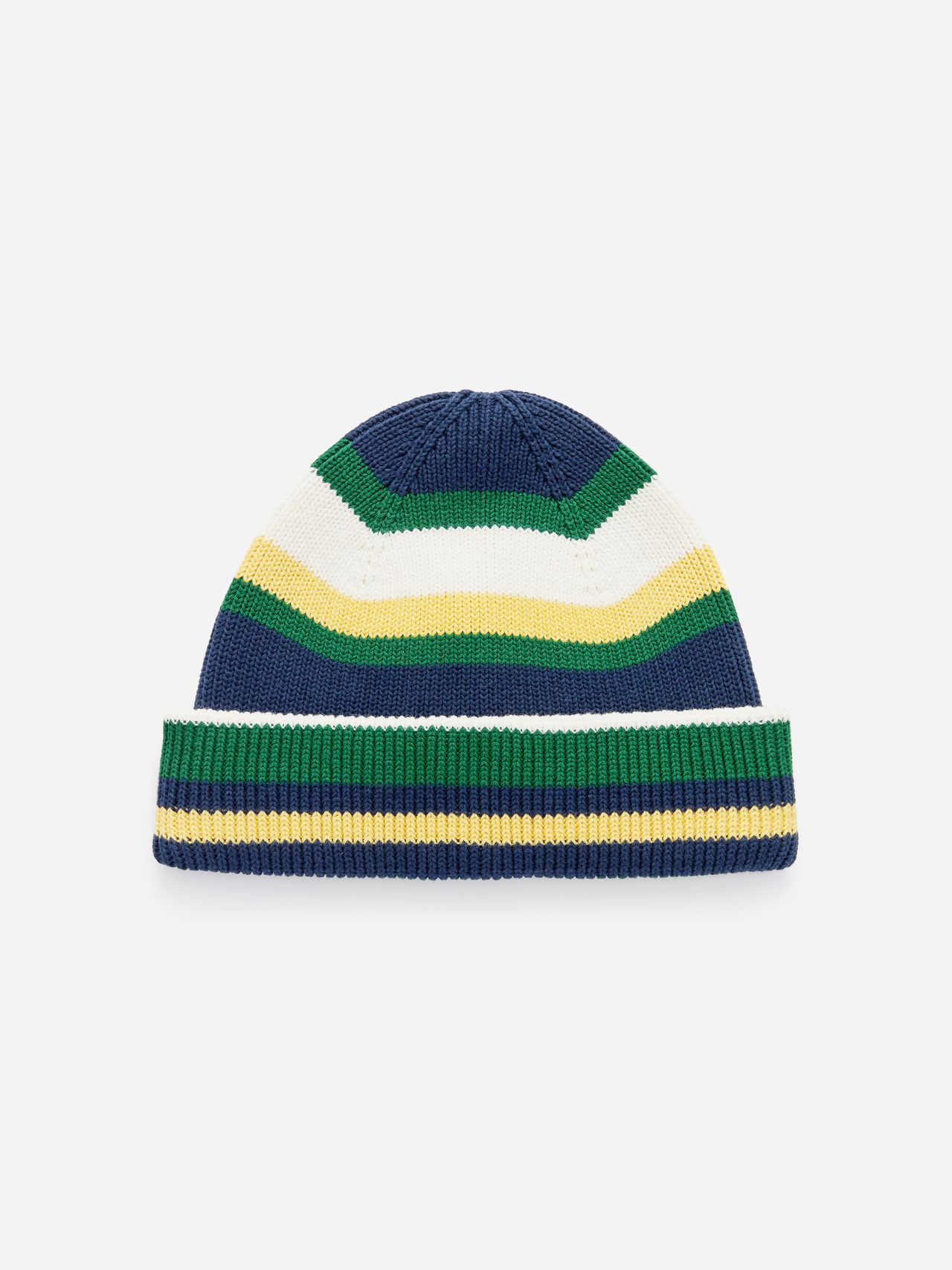 A knitted beanie with stripes in navy blue, green, yellow, and white on a white background.